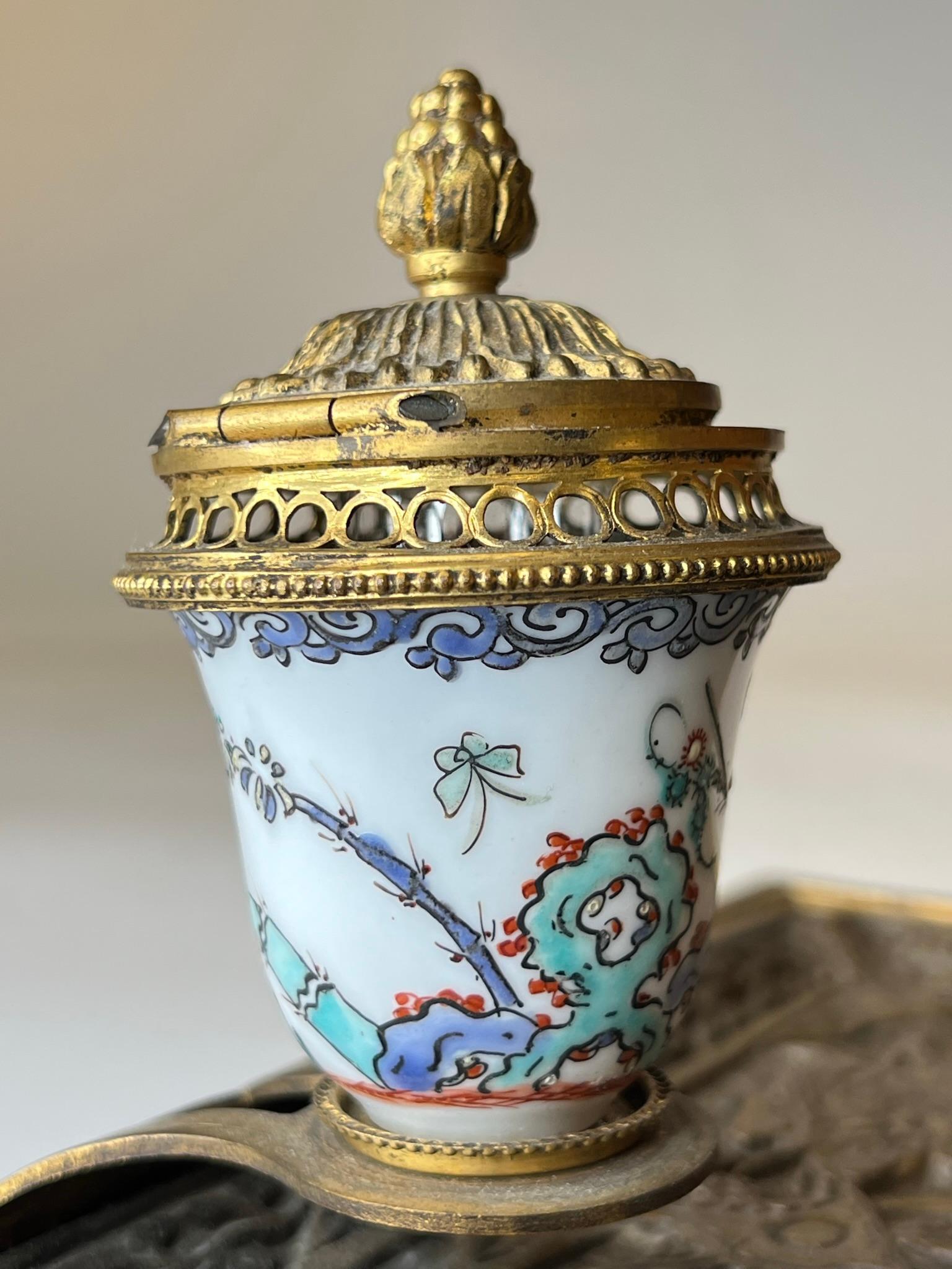 19th Century French Louis XVI style  Chinoiserie Bronze and Porcelain Inkwell 16