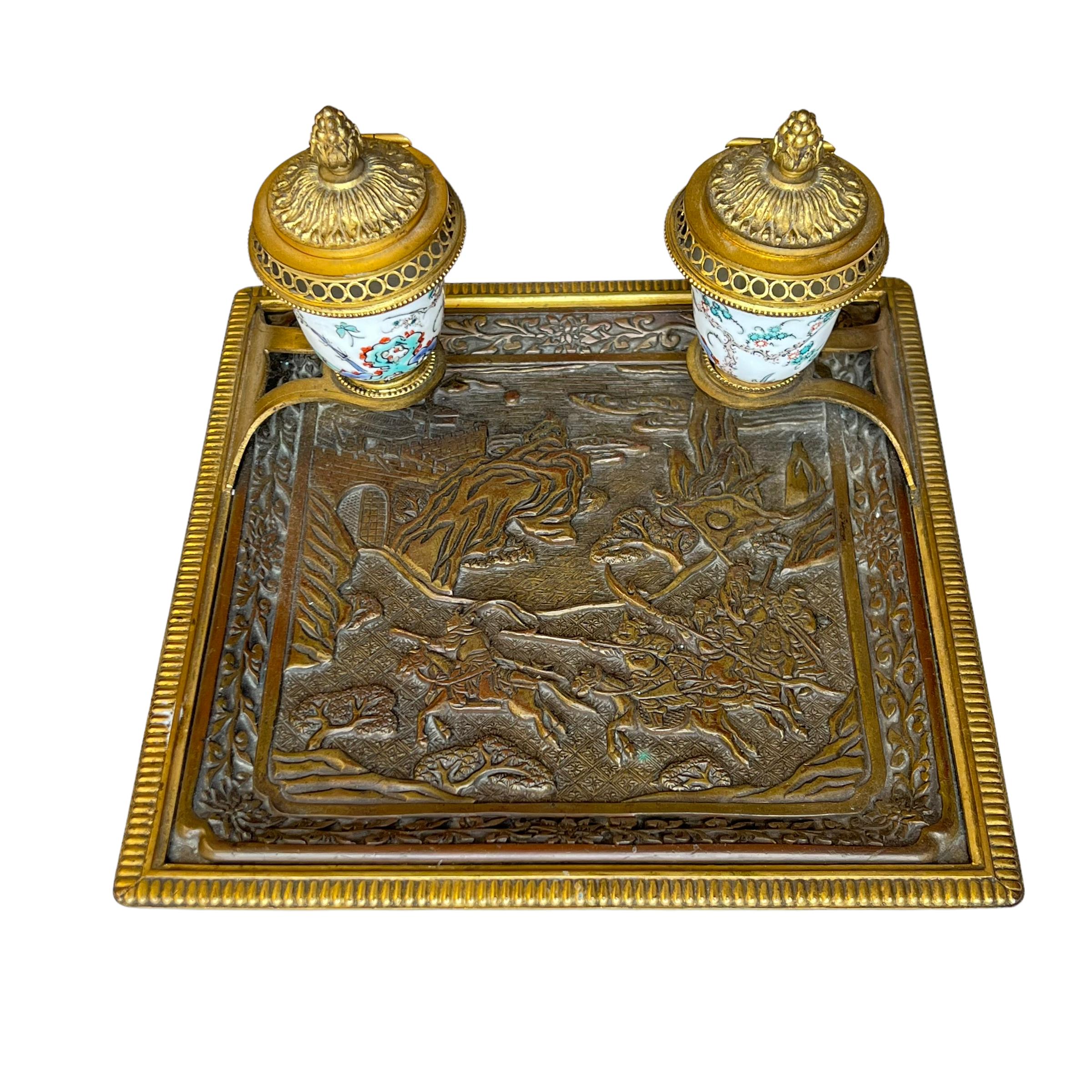 19th Century French Louis XVI style  Chinoiserie Bronze and Porcelain Inkwell In Good Condition In New York, NY