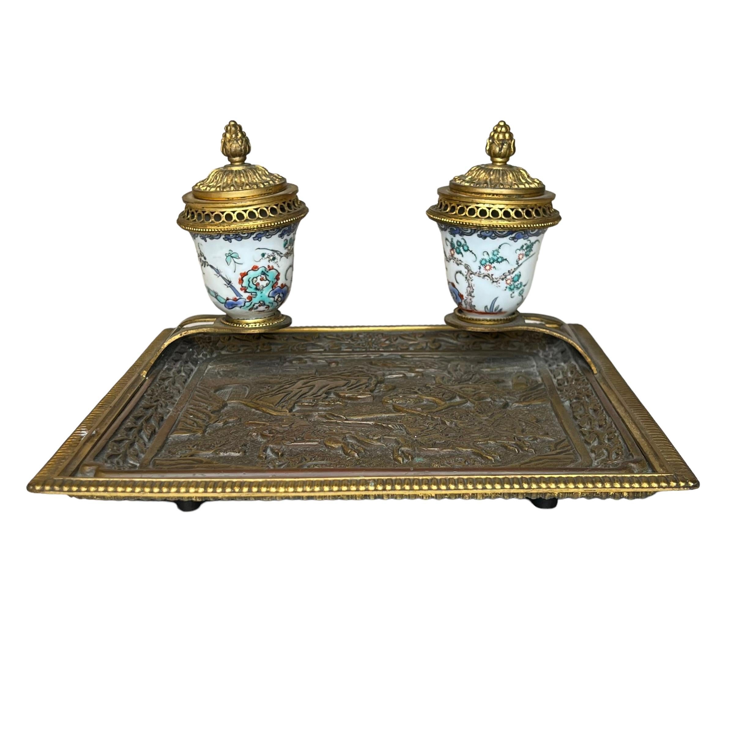 19th Century French Louis XVI style  Chinoiserie Bronze and Porcelain Inkwell 1
