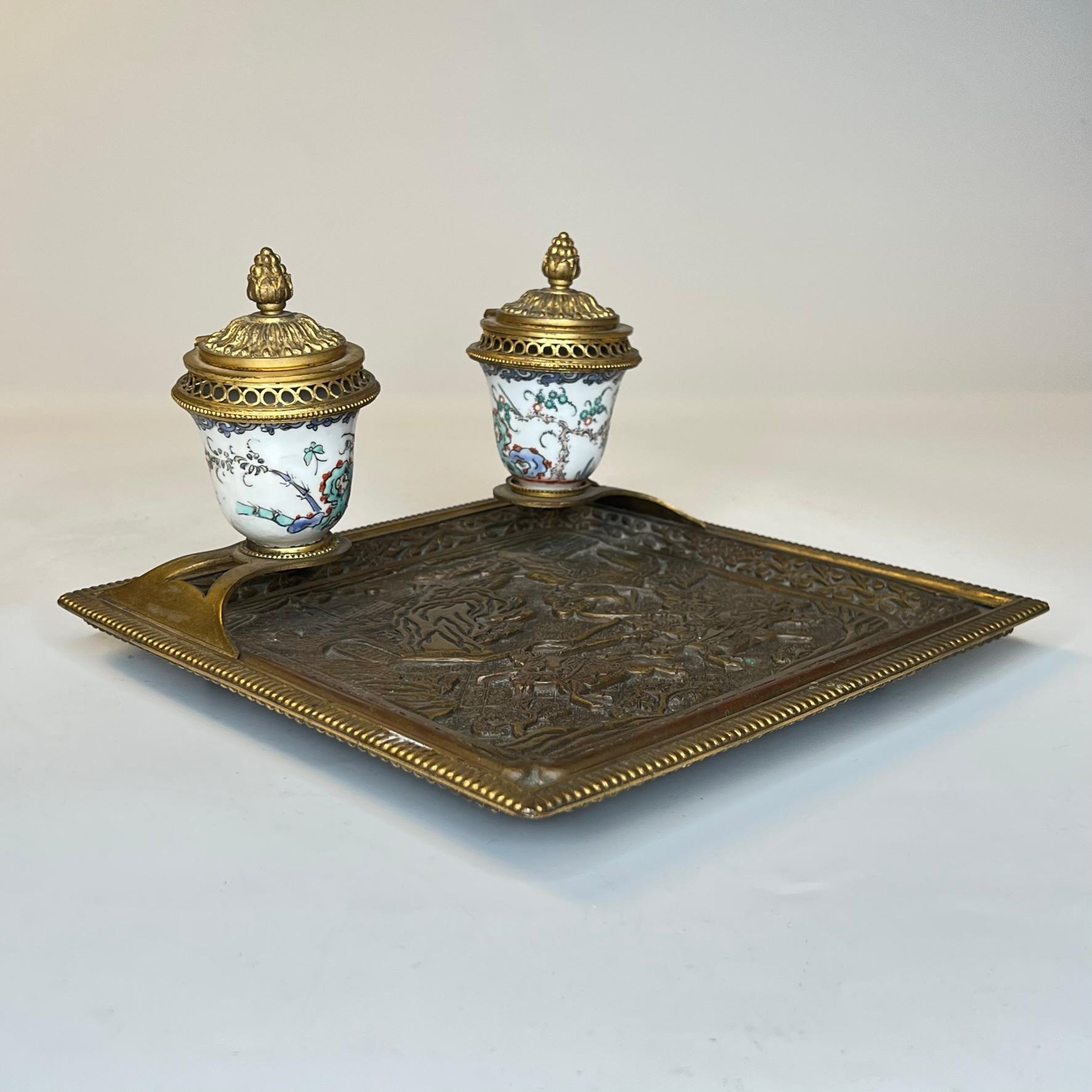 19th Century French Louis XVI style  Chinoiserie Bronze and Porcelain Inkwell 3