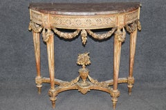 19th Century French Louis XVI Style Distressed Demilune Marble Top Console Table