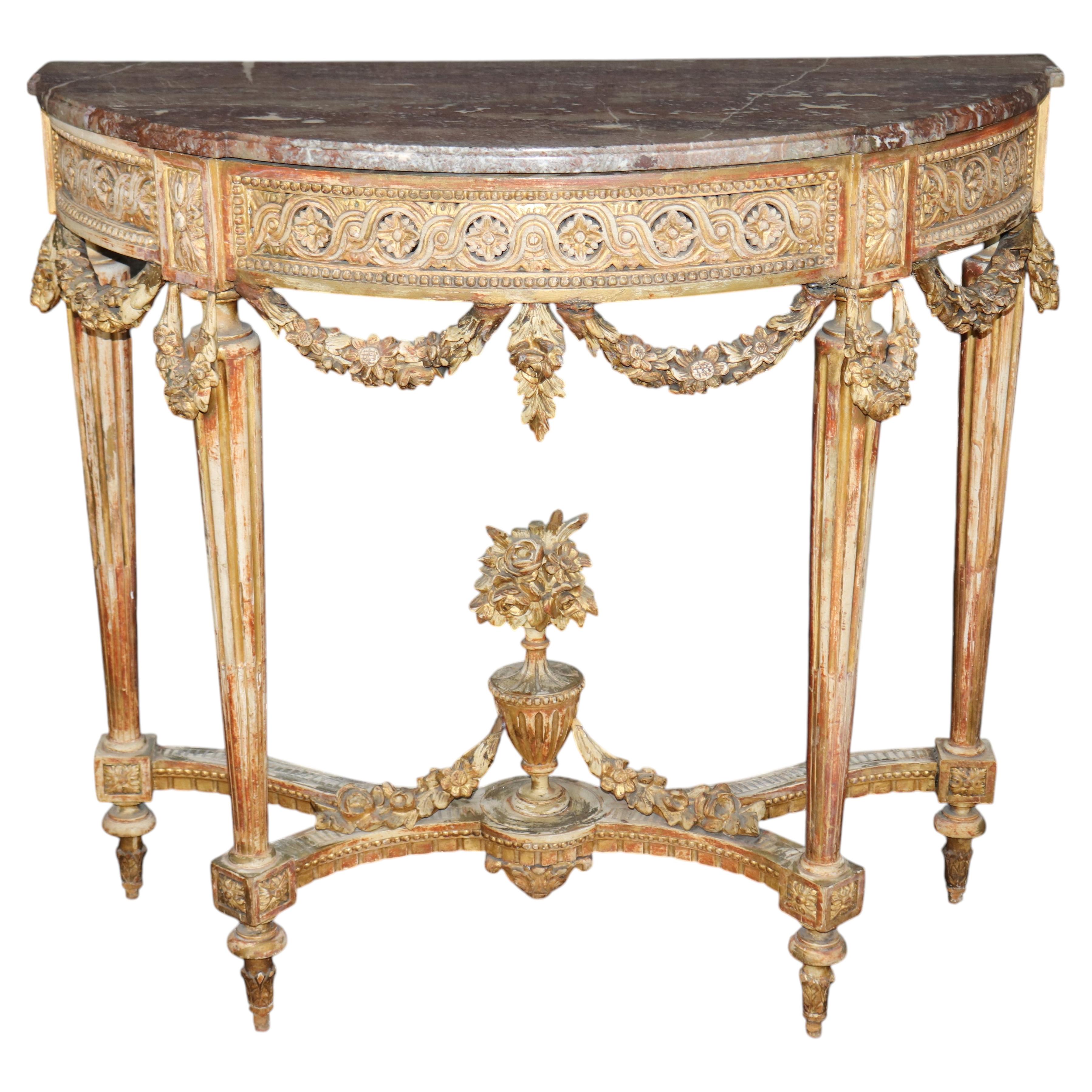 19th Century French Louis XVI Style Distressed Demilune Marble Top Console Table