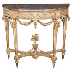 19th Century French Louis XVI Style Distressed Demilune Marble Top Console Table