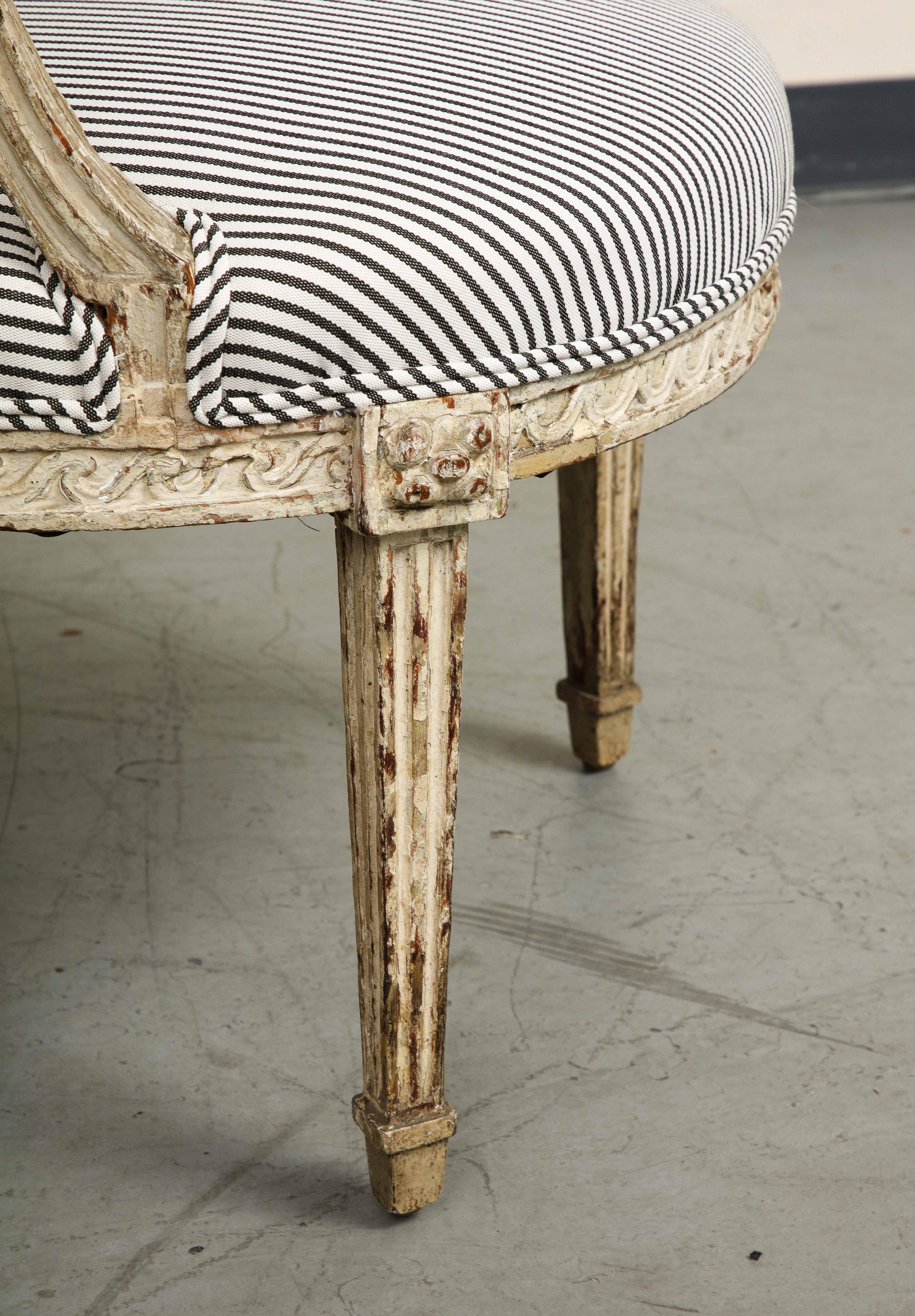 19th Century French Louis XVI Style Fauteuil Chair in Striped Linen Upholstery For Sale 9
