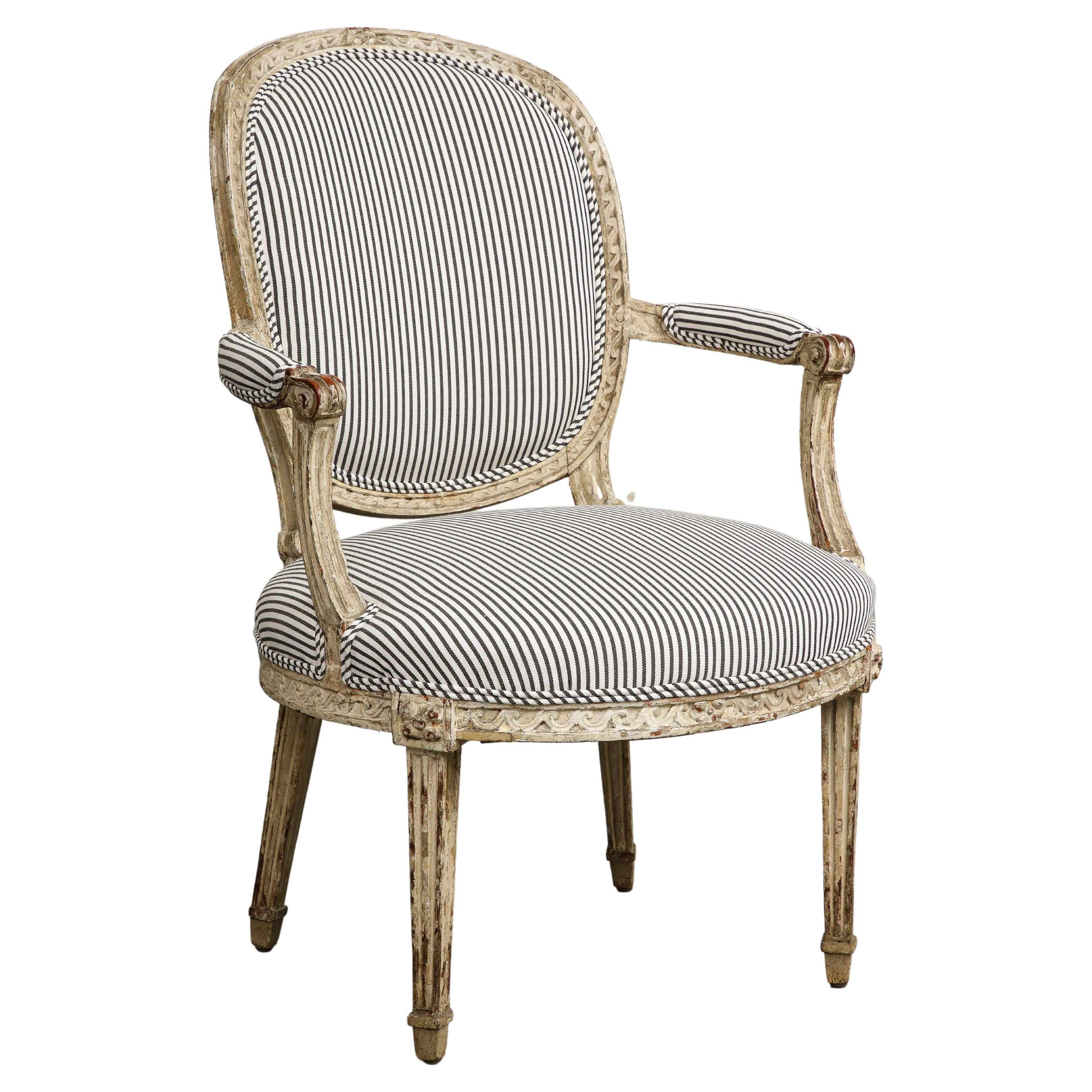 19th Century French Louis XVI Style Fauteuil Chair in Striped Linen Upholstery For Sale