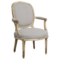 19th Century French Louis XVI Style Fauteuil Chair in Striped Linen Upholstery