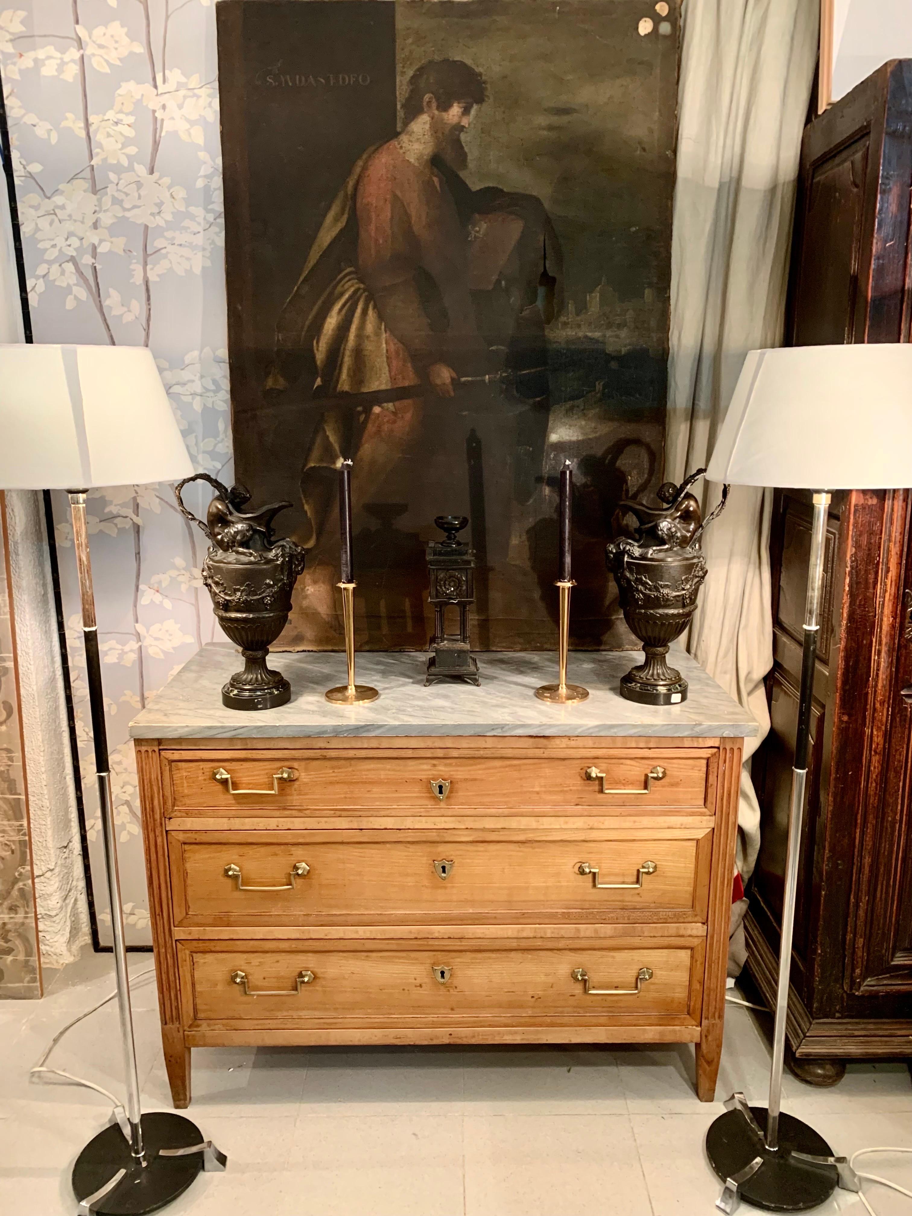19th Century French Louis XVI Style Fruitwwod and Marble Top Commode For Sale 7