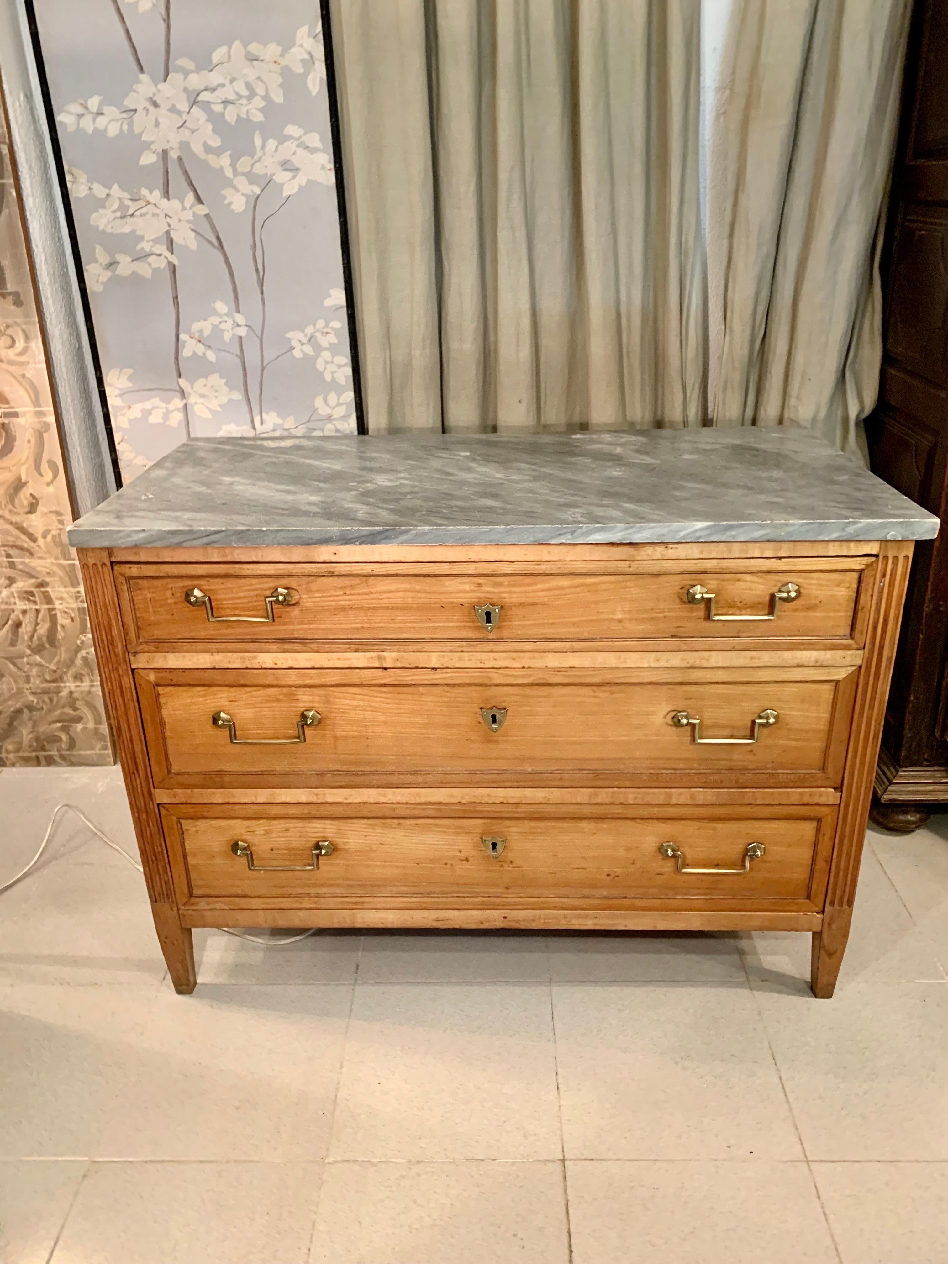 Bronze 19th Century French Louis XVI Style Fruitwwod and Marble Top Commode For Sale