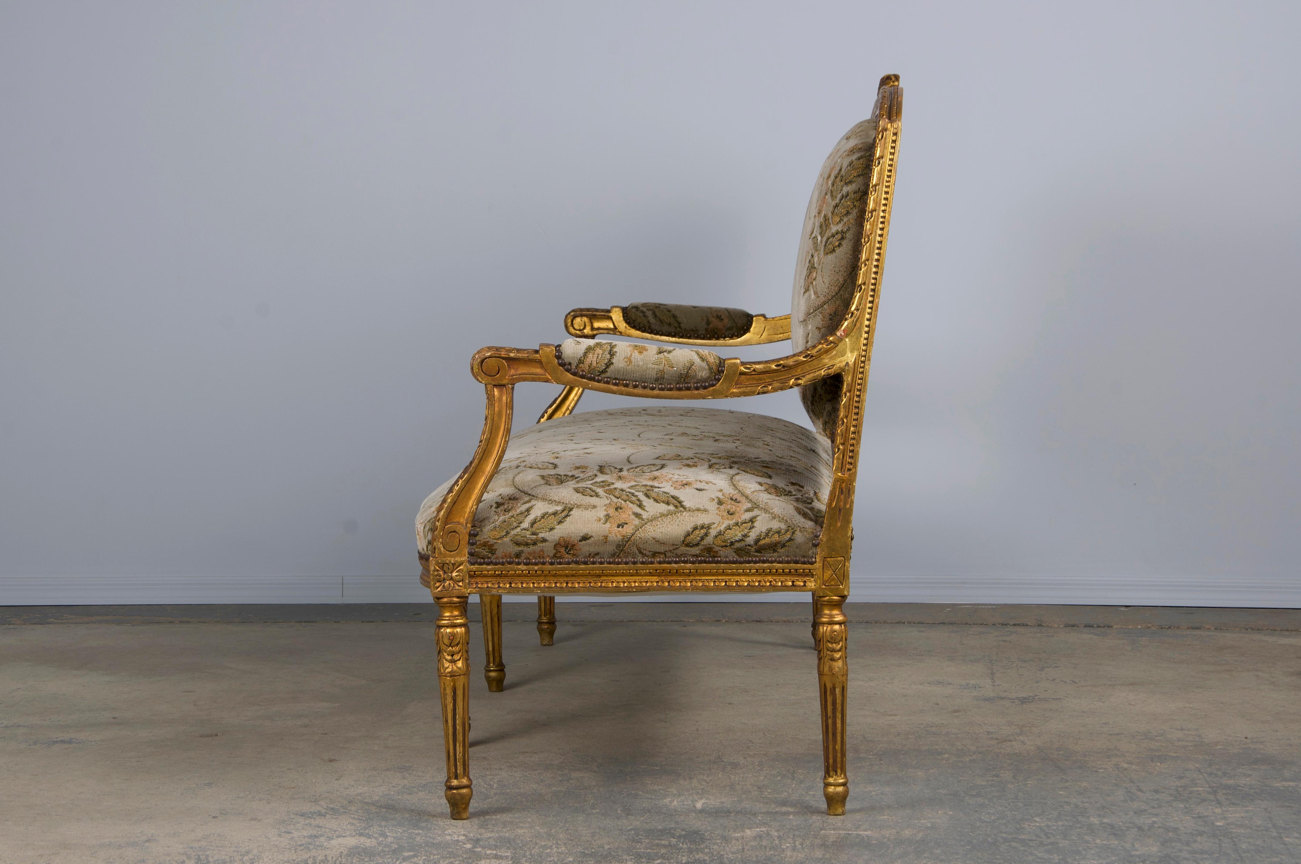 19th Century French Louis XVI Style Gilded Settee W/ Green Floral Velvet 6