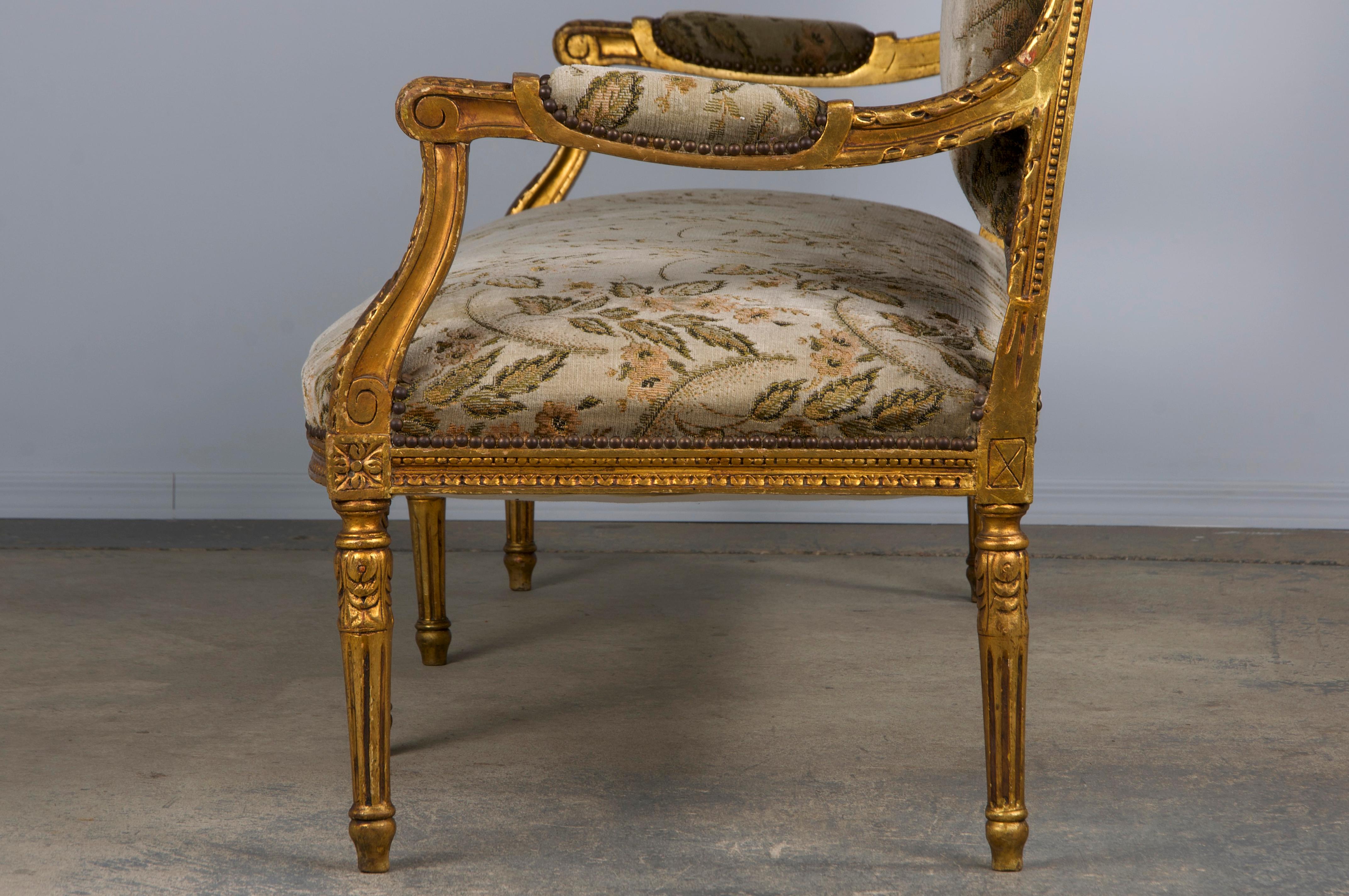 19th Century French Louis XVI Style Gilded Settee W/ Green Floral Velvet 7