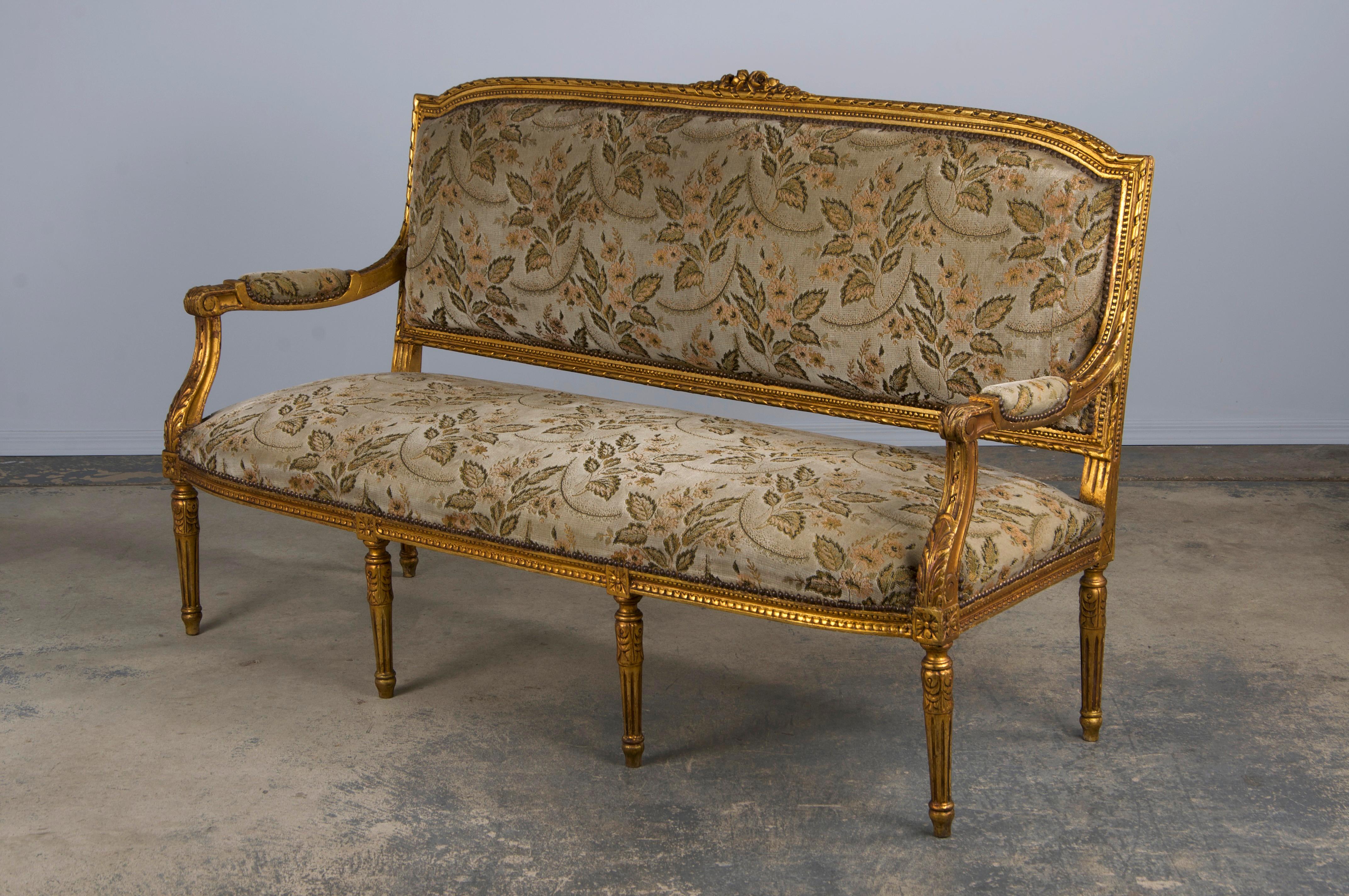 19th Century French Louis XVI Style Gilded Settee W/ Green Floral Velvet 8
