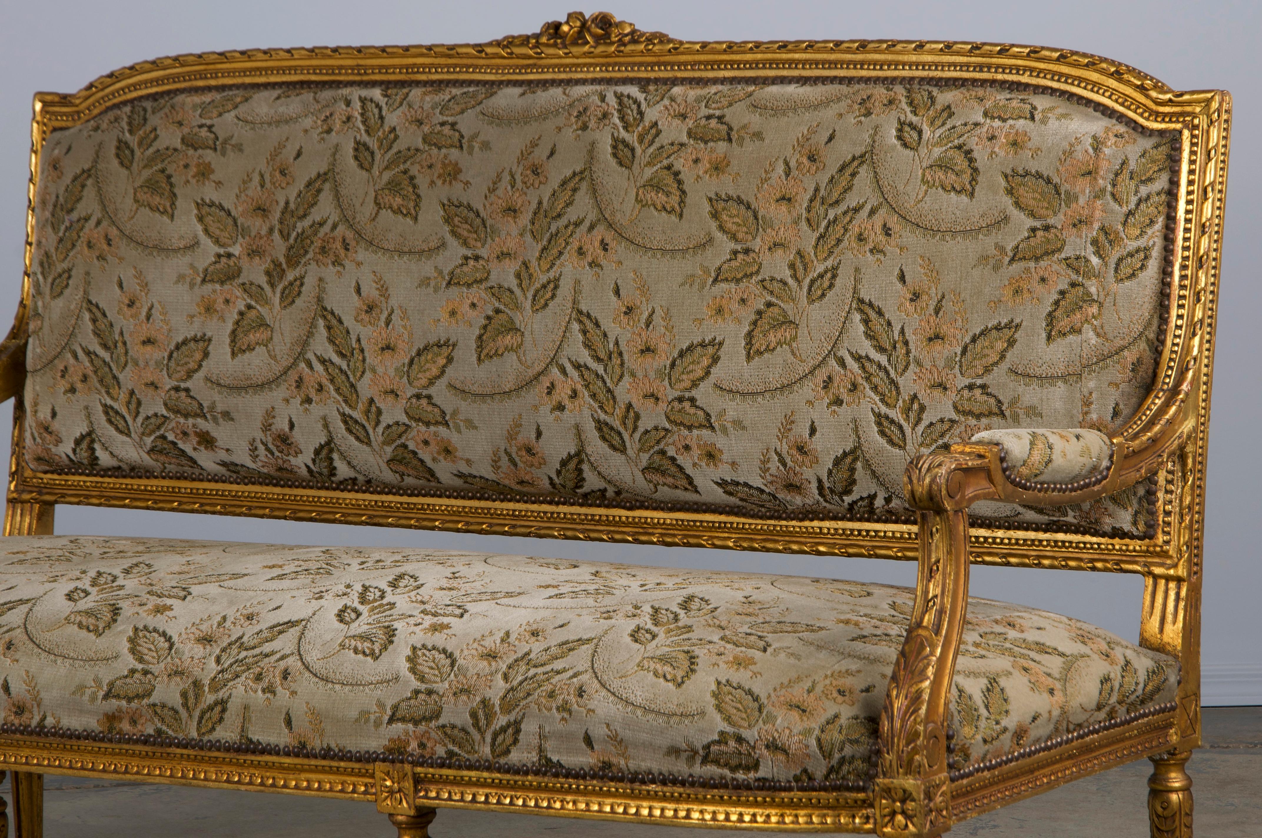 19th Century French Louis XVI Style Gilded Settee W/ Green Floral Velvet 9