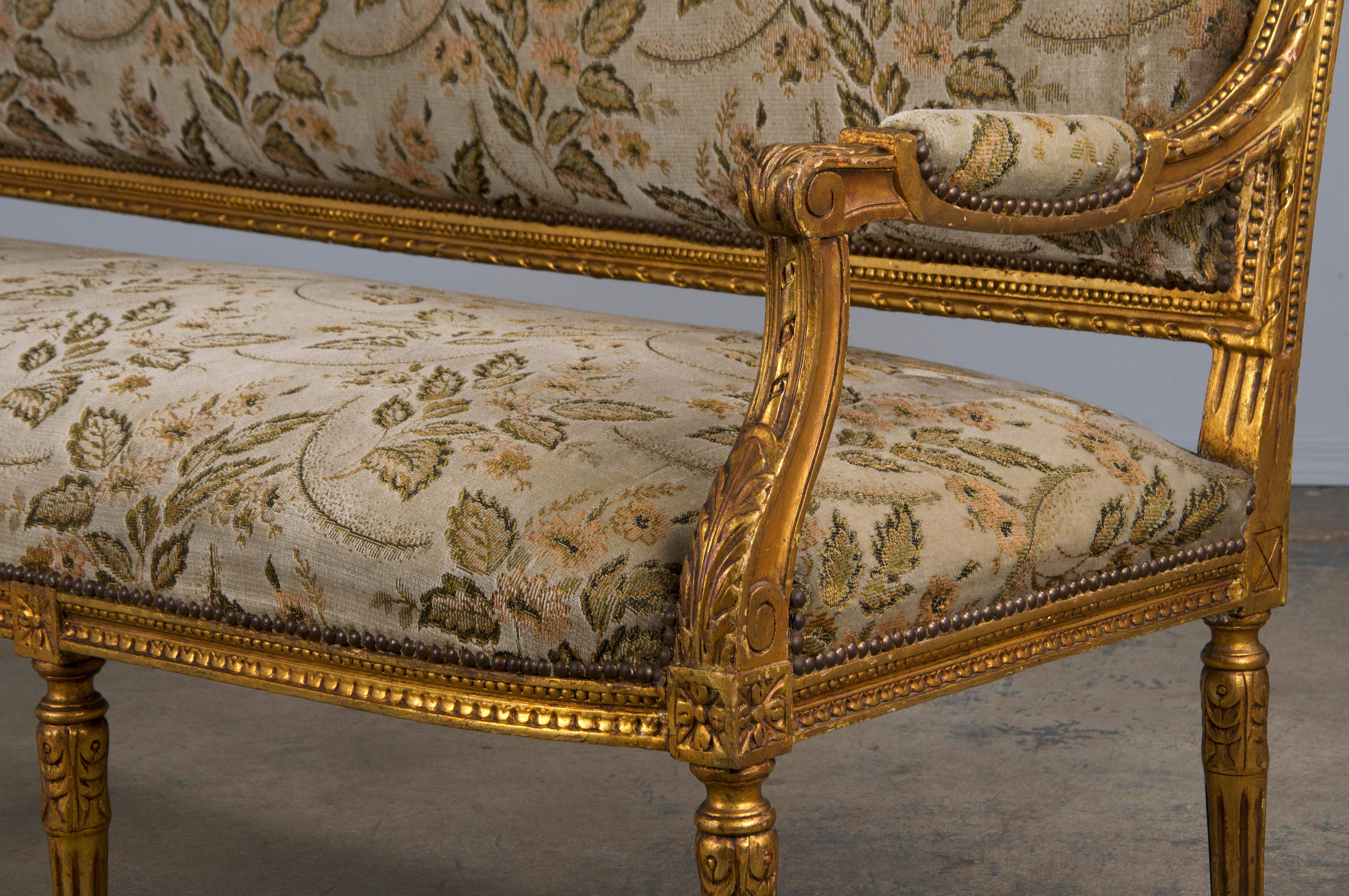 19th Century French Louis XVI Style Gilded Settee W/ Green Floral Velvet 10