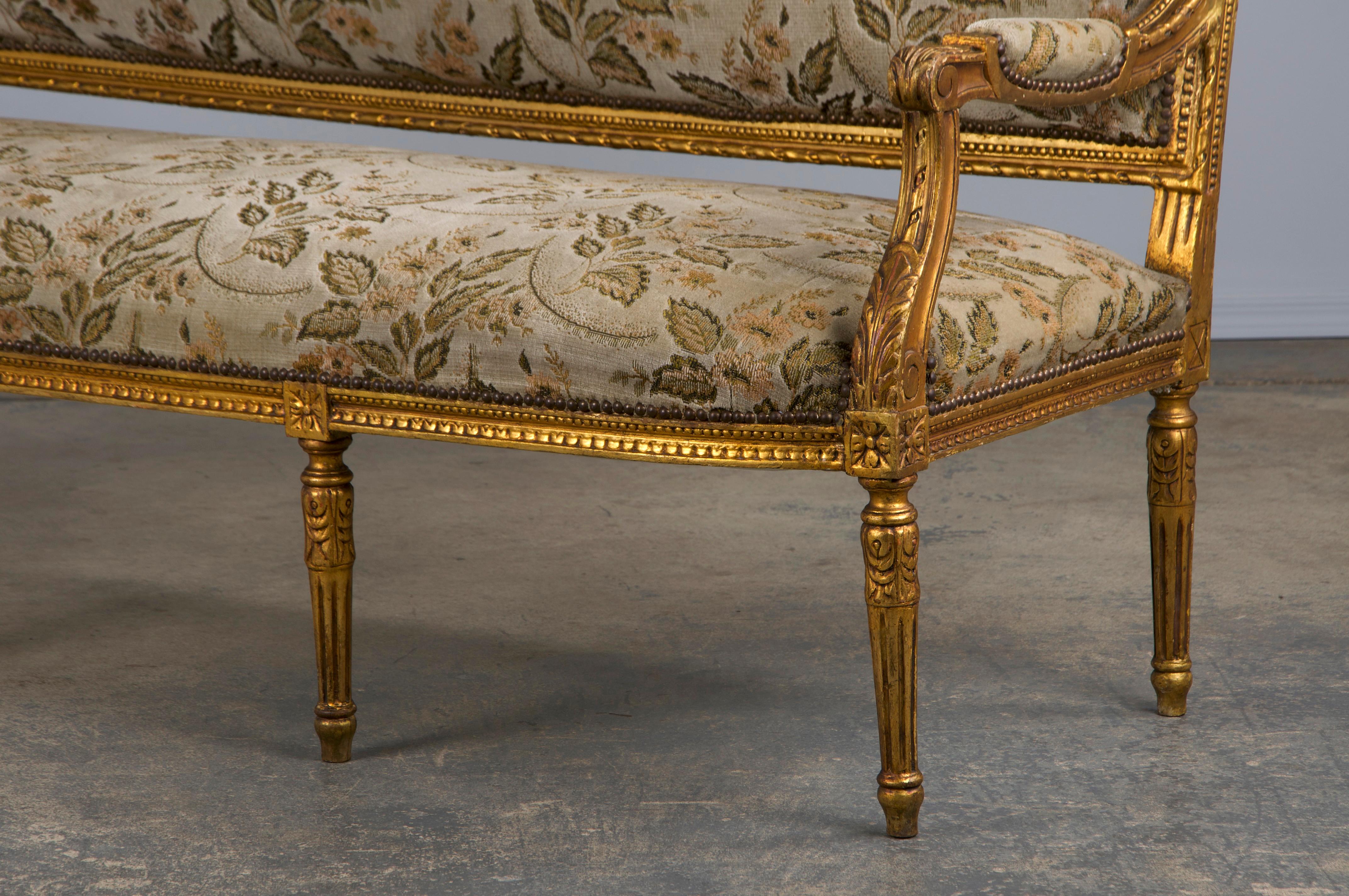 19th Century French Louis XVI Style Gilded Settee W/ Green Floral Velvet 11