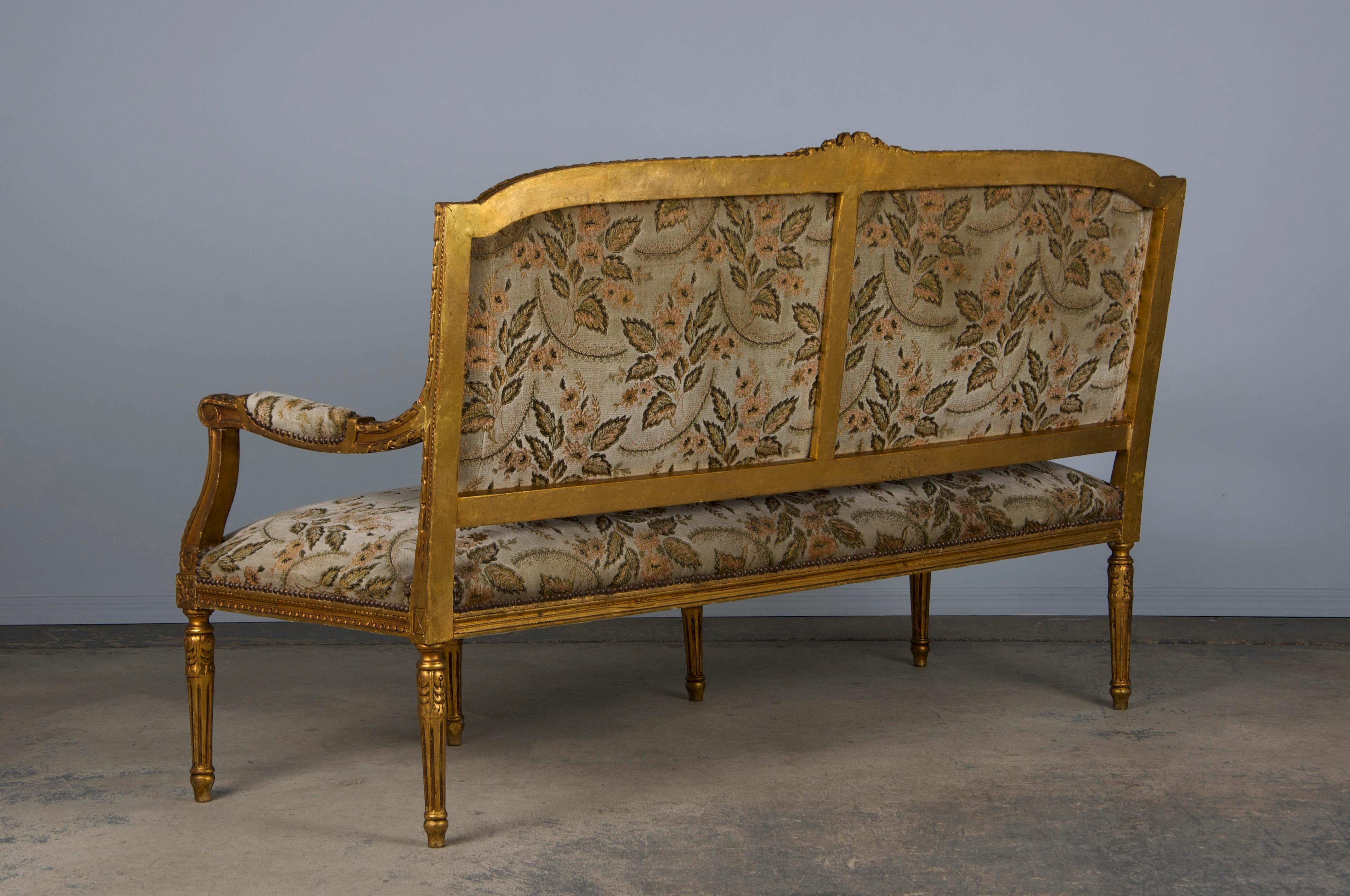 19th Century French Louis XVI Style Gilded Settee W/ Green Floral Velvet 12