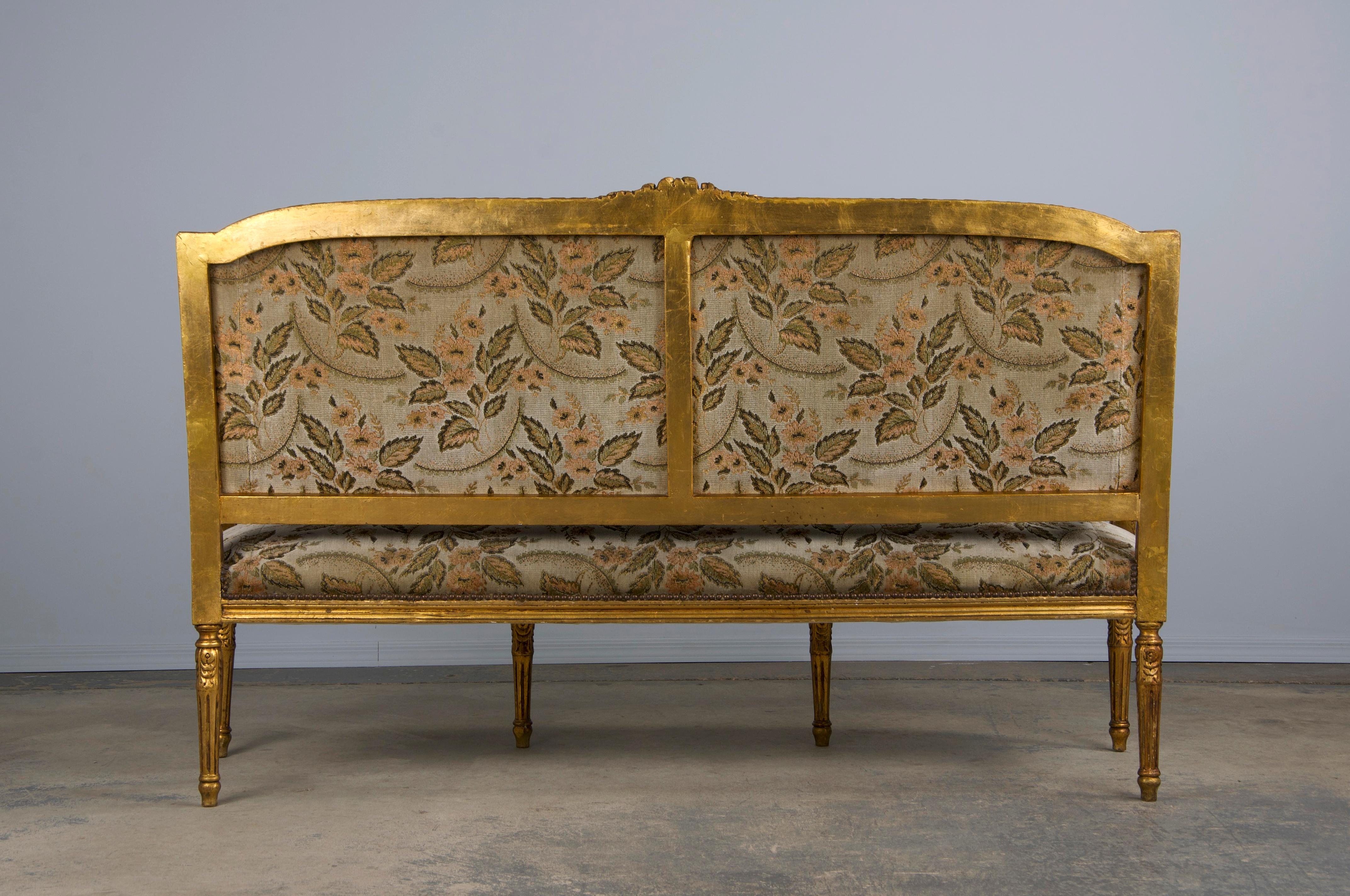 19th Century French Louis XVI Style Gilded Settee W/ Green Floral Velvet 13