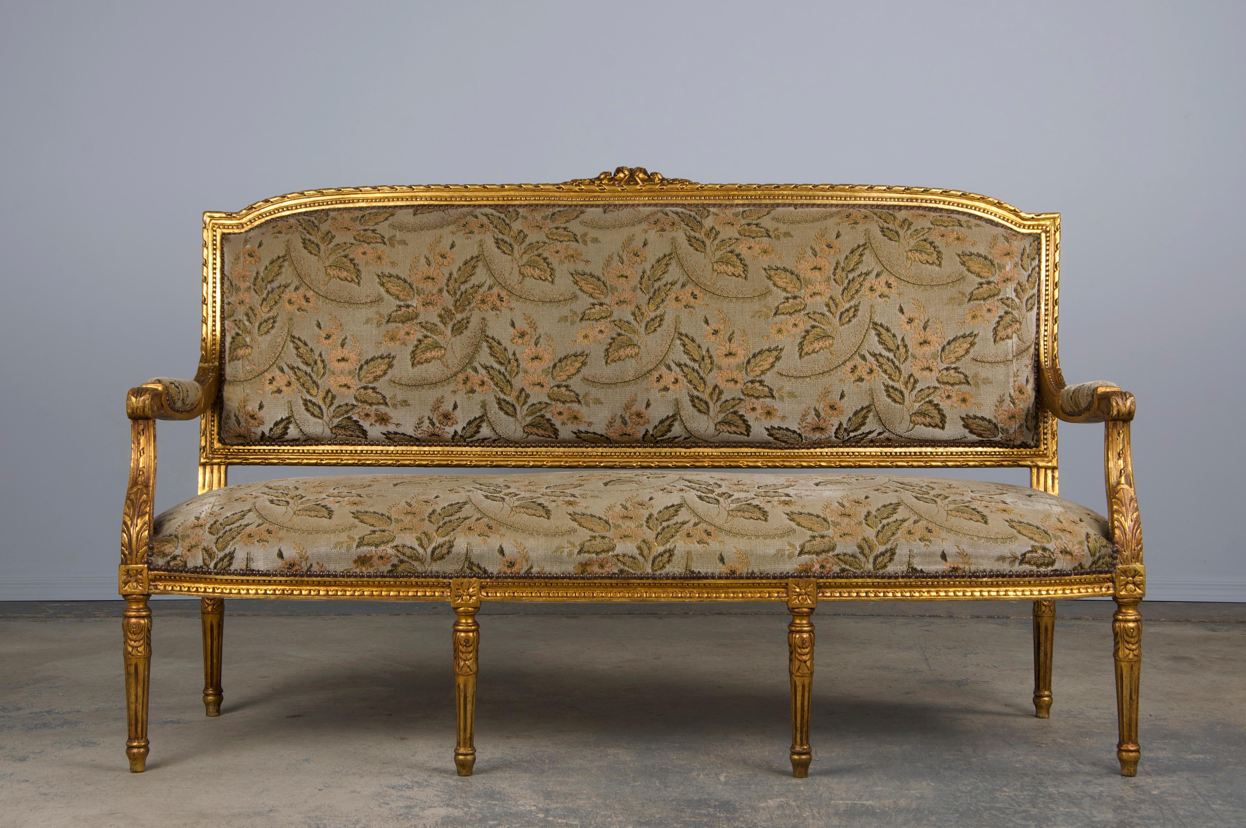 19th Century French Louis XVI Style Gilded Settee W/ Green Floral Velvet 14