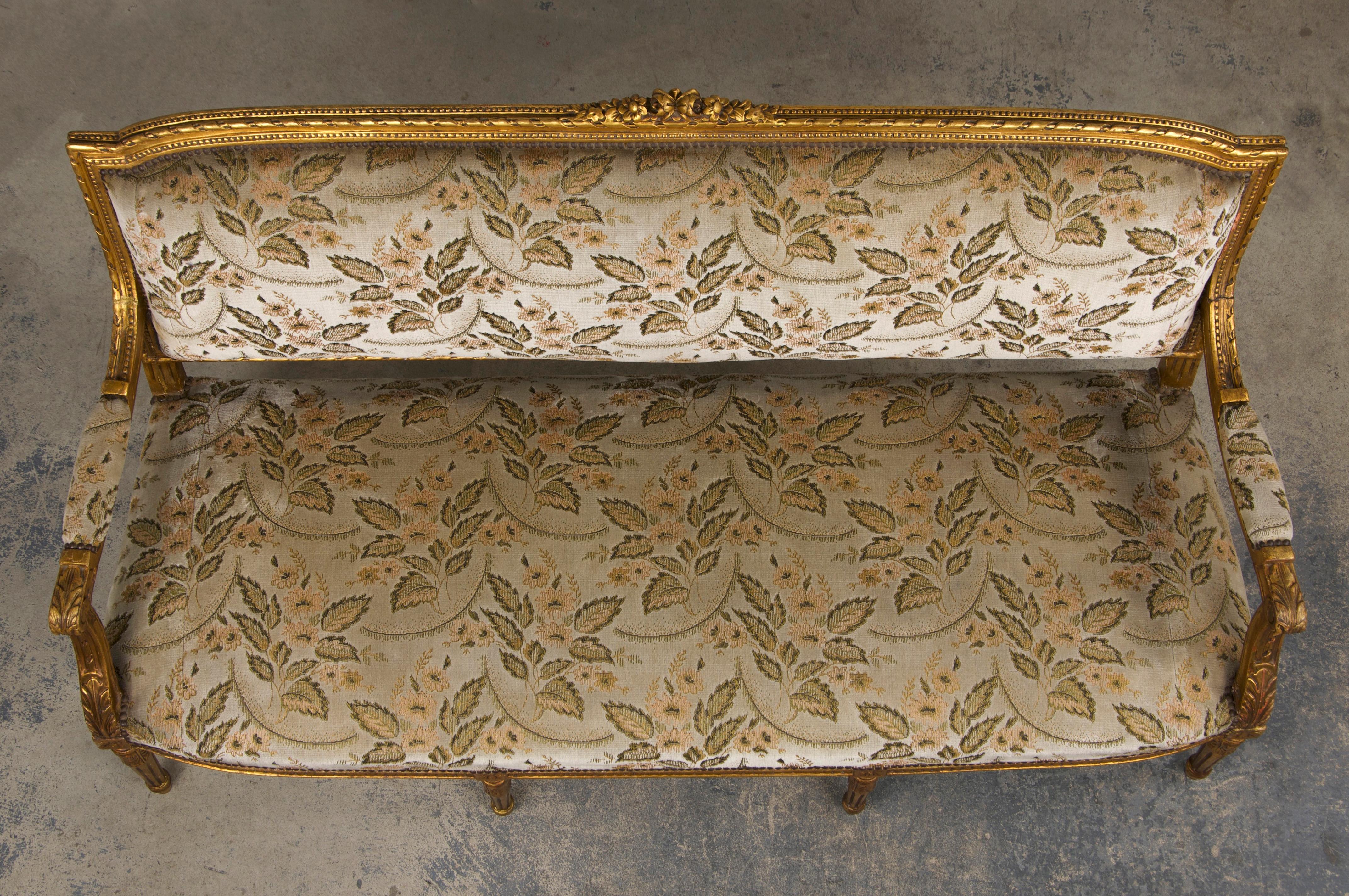 Gilt 19th Century French Louis XVI Style Gilded Settee W/ Green Floral Velvet