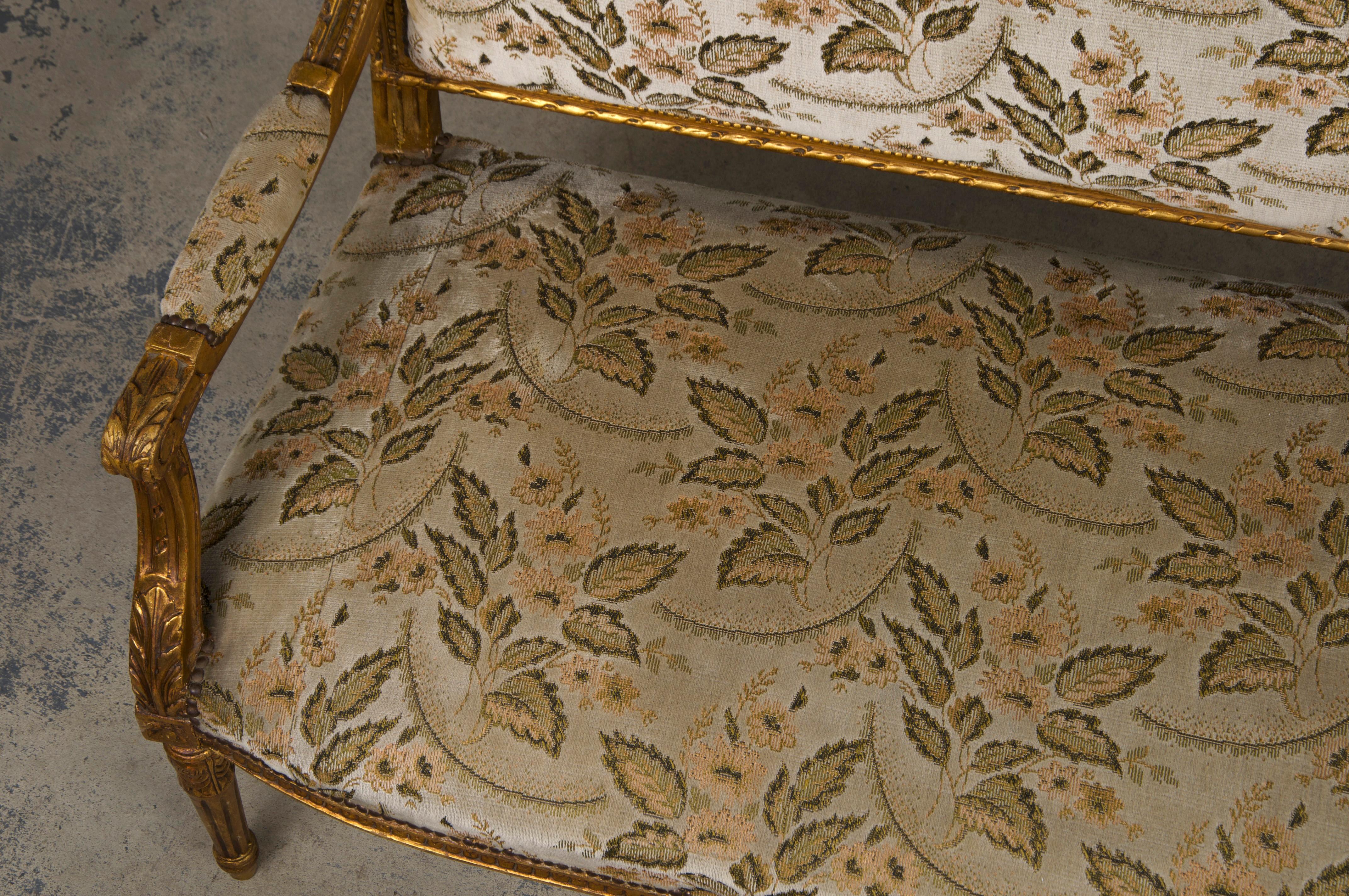 19th Century French Louis XVI Style Gilded Settee W/ Green Floral Velvet In Good Condition In Astoria, NY