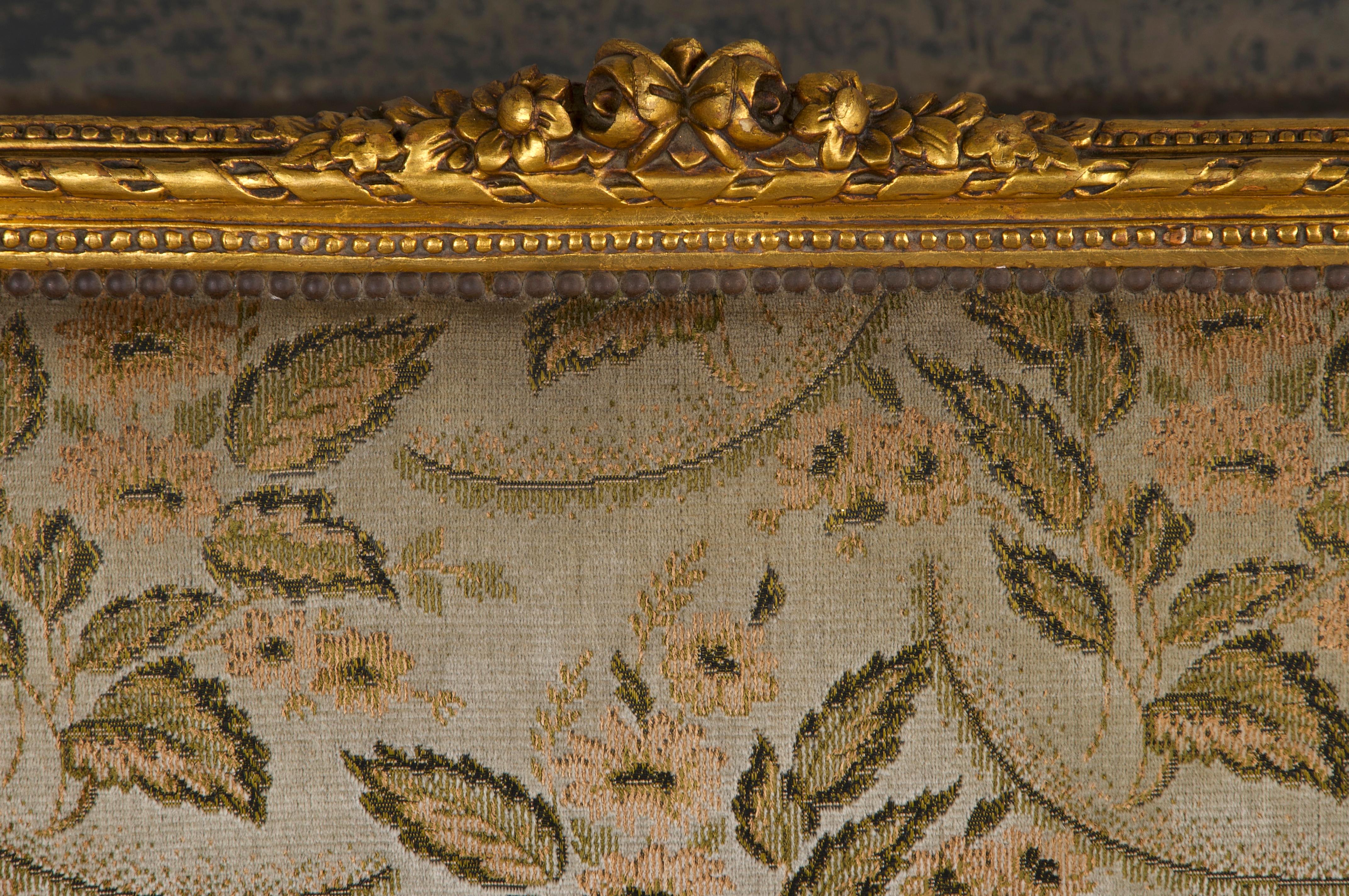 19th Century French Louis XVI Style Gilded Settee W/ Green Floral Velvet 1