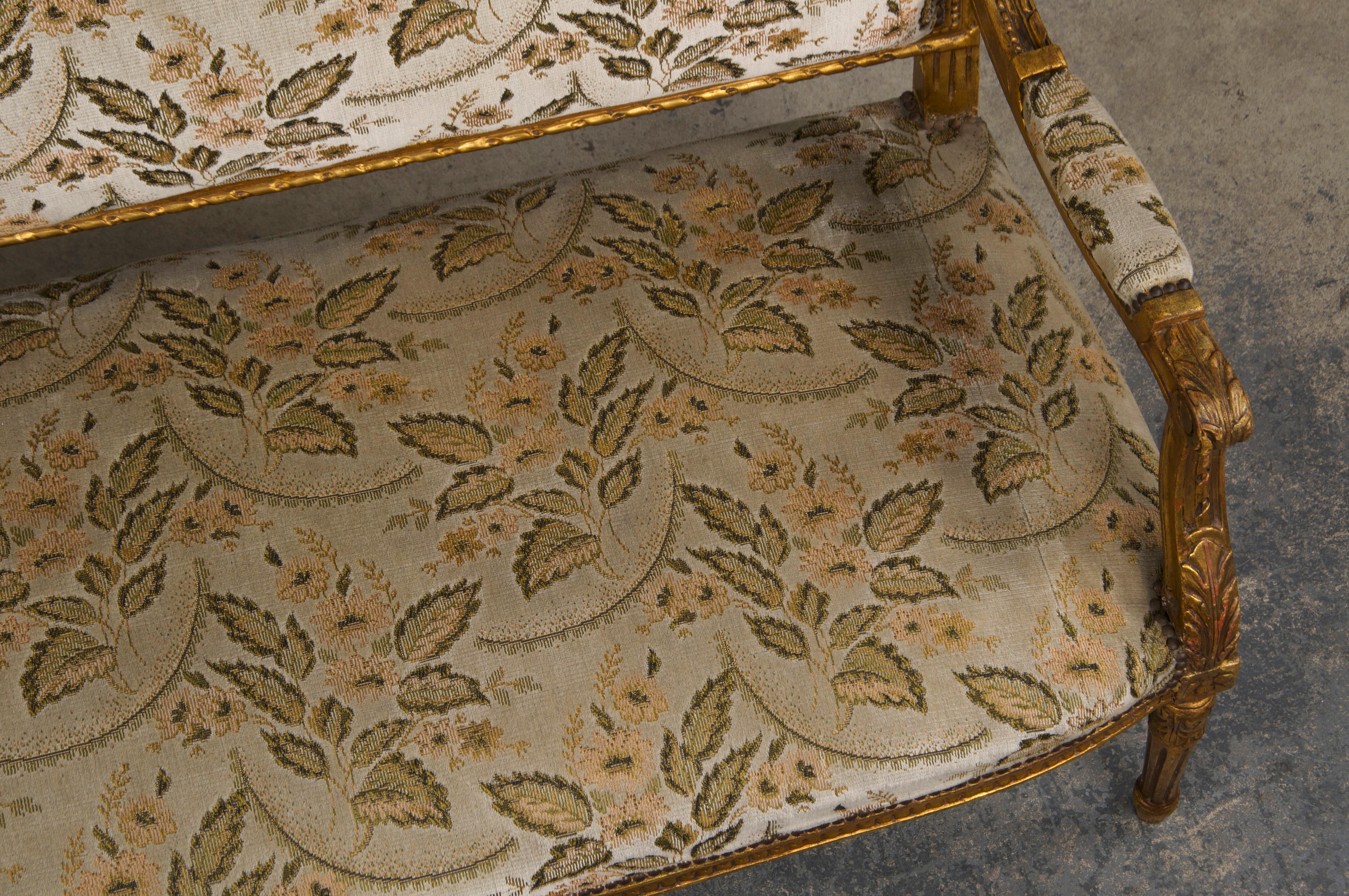19th Century French Louis XVI Style Gilded Settee W/ Green Floral Velvet 2