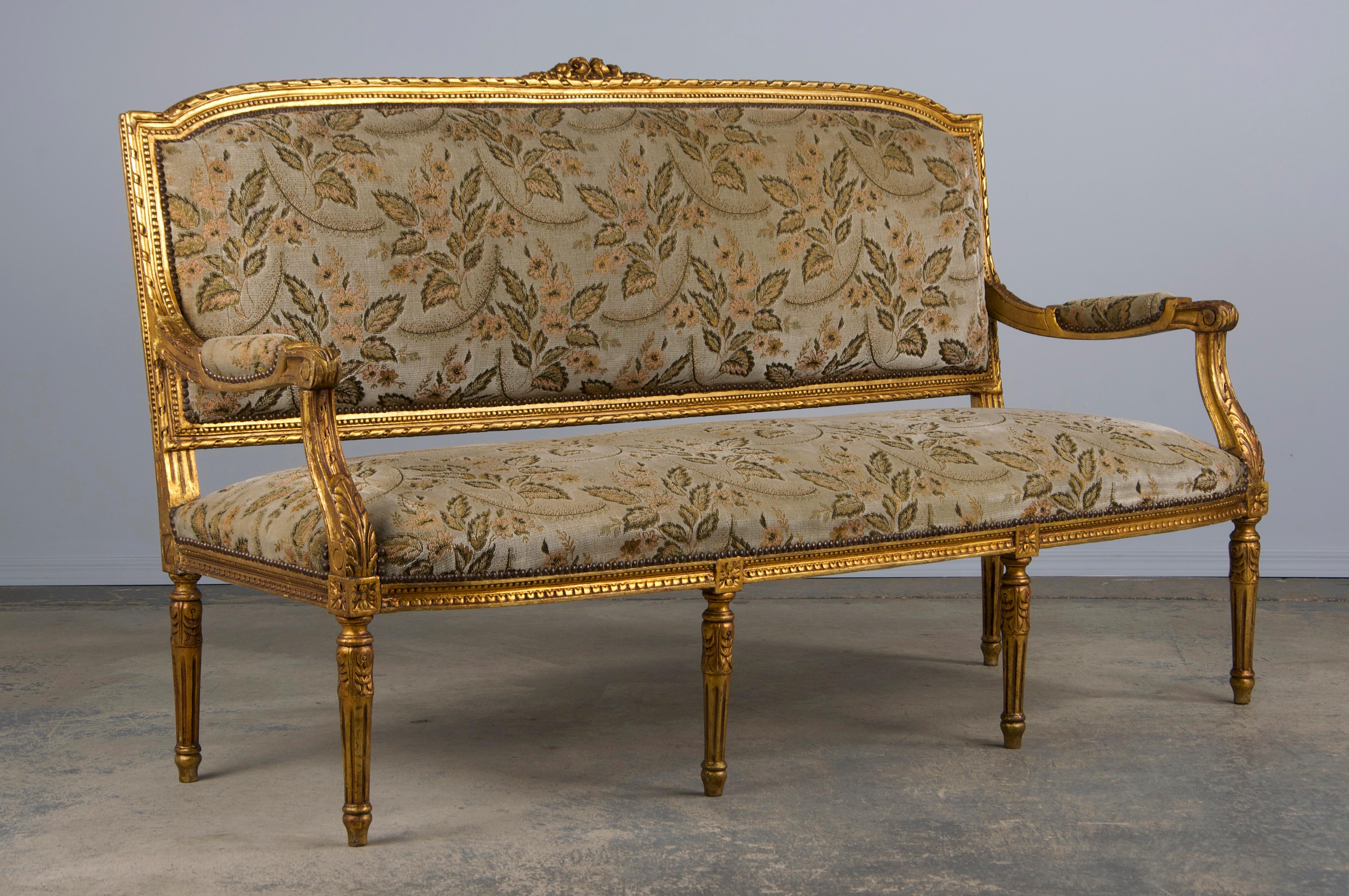 19th Century French Louis XVI Style Gilded Settee W/ Green Floral Velvet 3