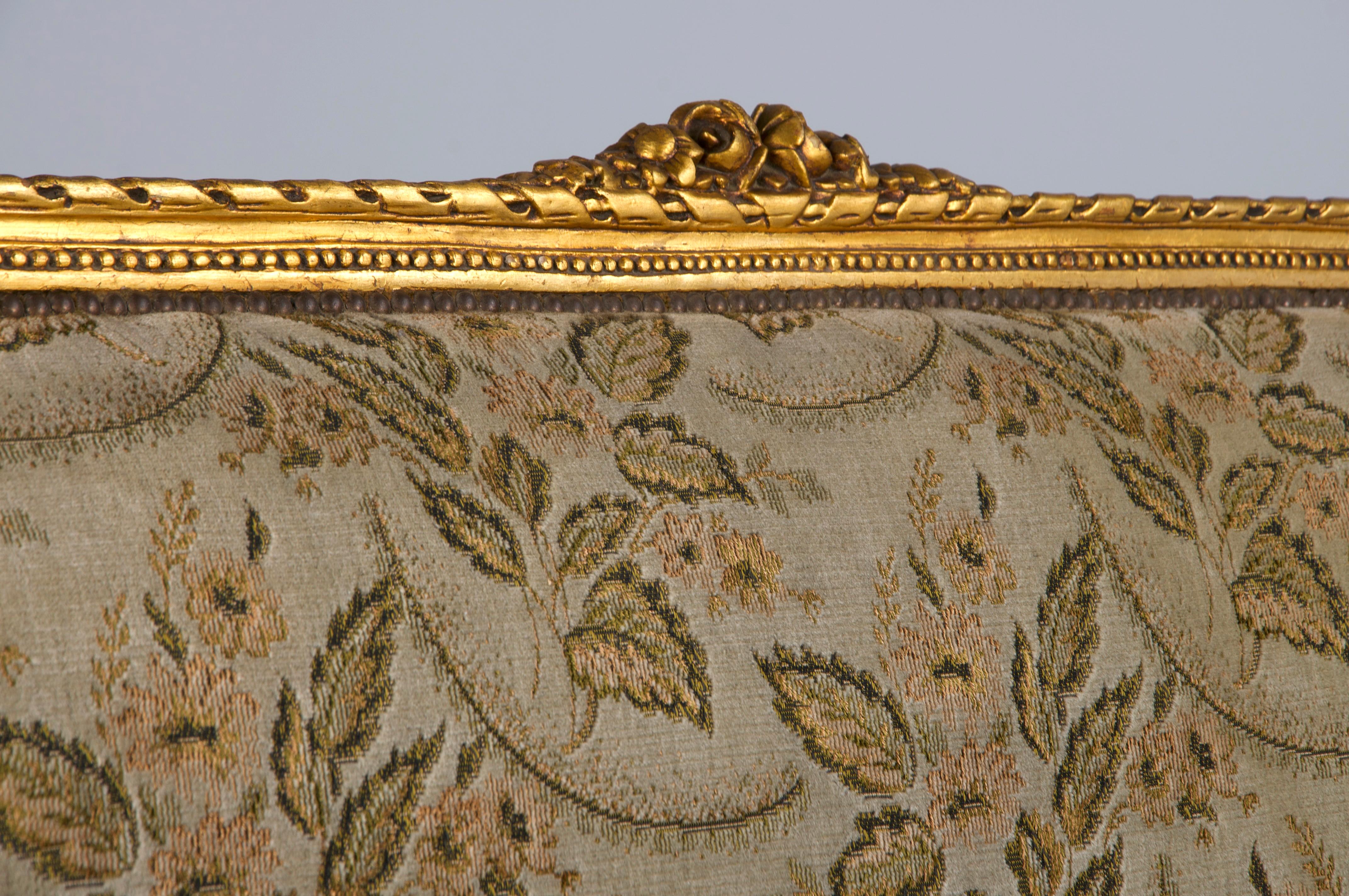 19th Century French Louis XVI Style Gilded Settee W/ Green Floral Velvet 4