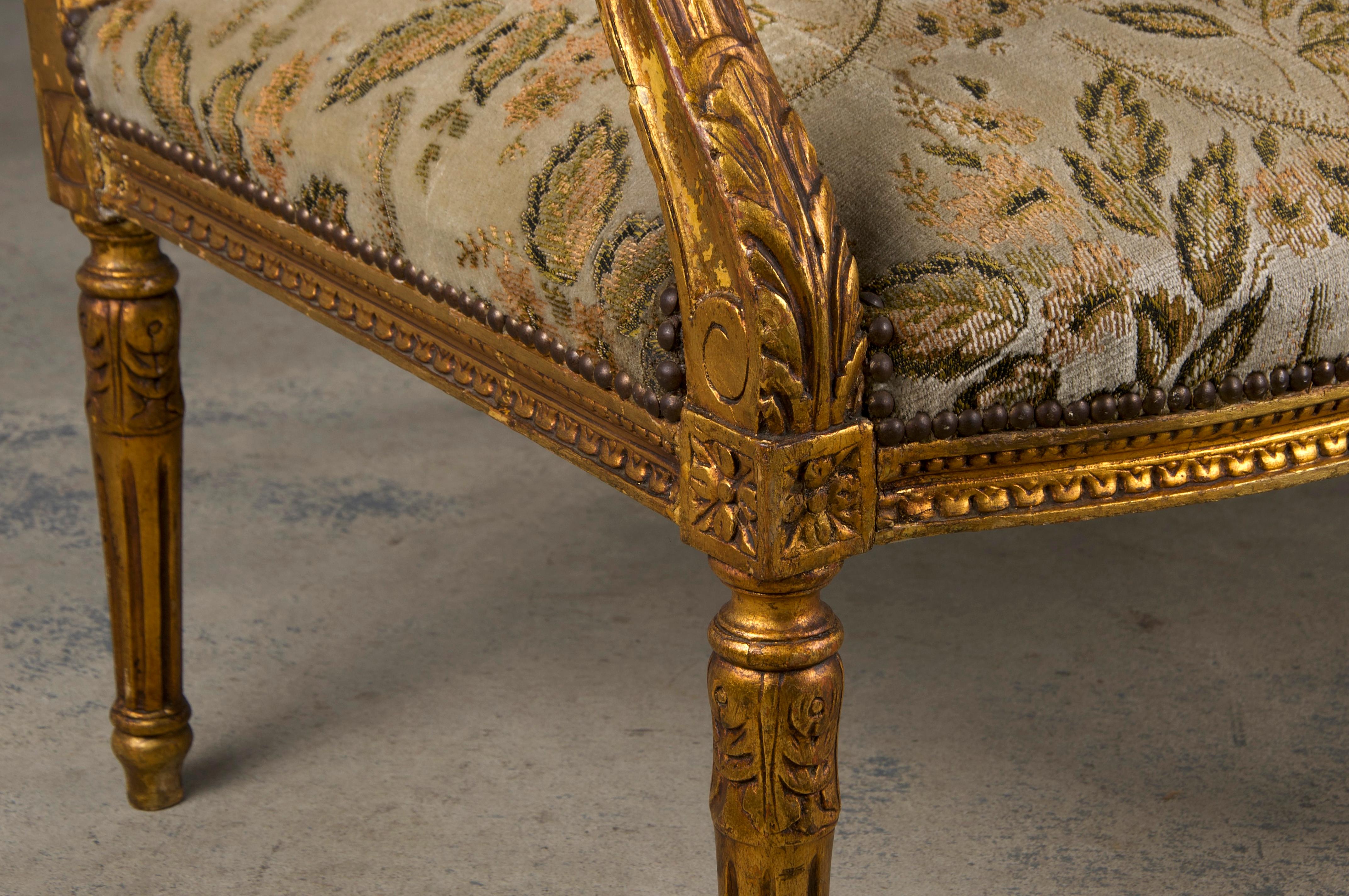 19th Century French Louis XVI Style Gilded Settee W/ Green Floral Velvet 5