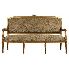 19th Century French Louis XVI Style Gilded Settee W/ Green Floral Velvet