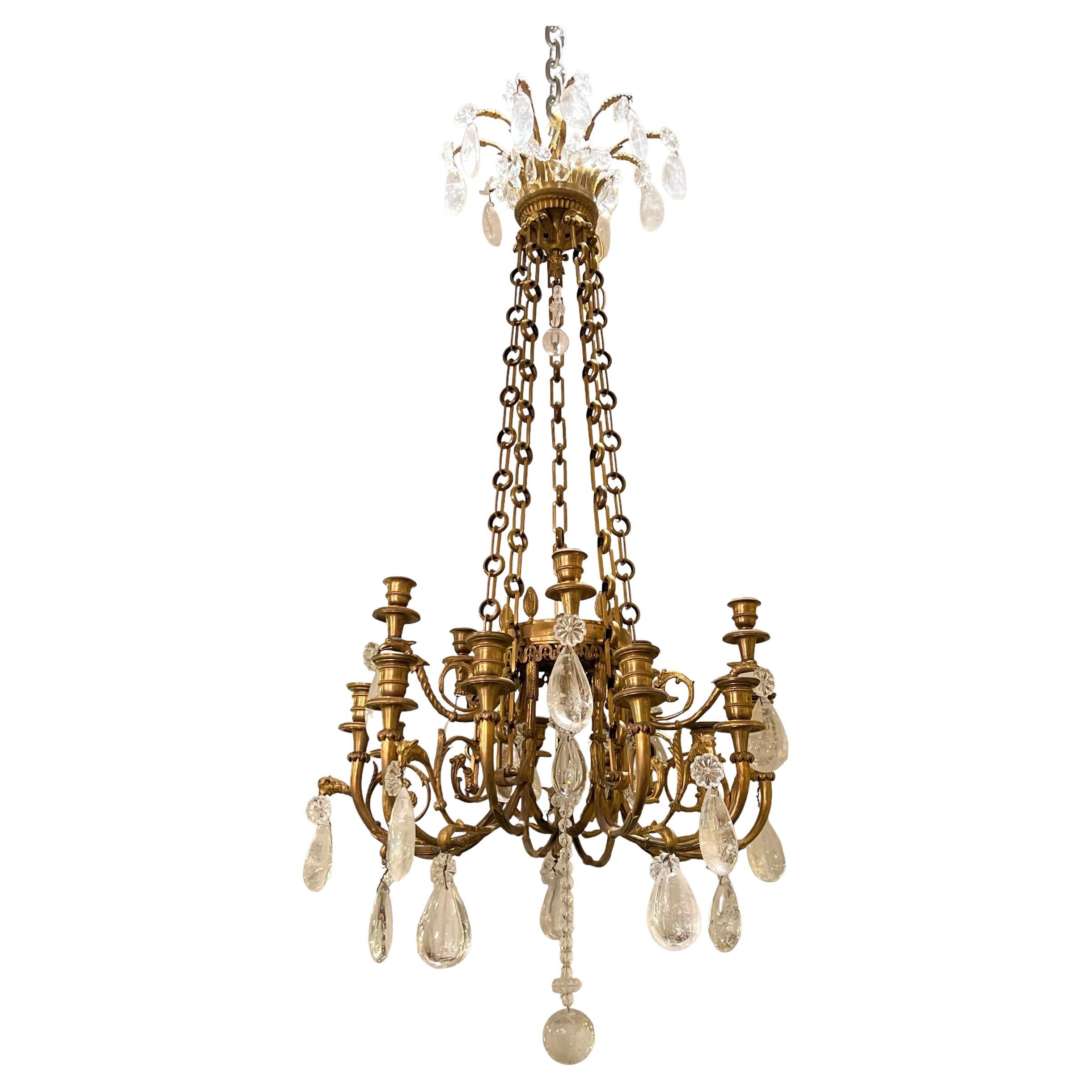 19th Century French Louis XVI Style Gilt Bronze and Rock Crystal Chandelier For Sale