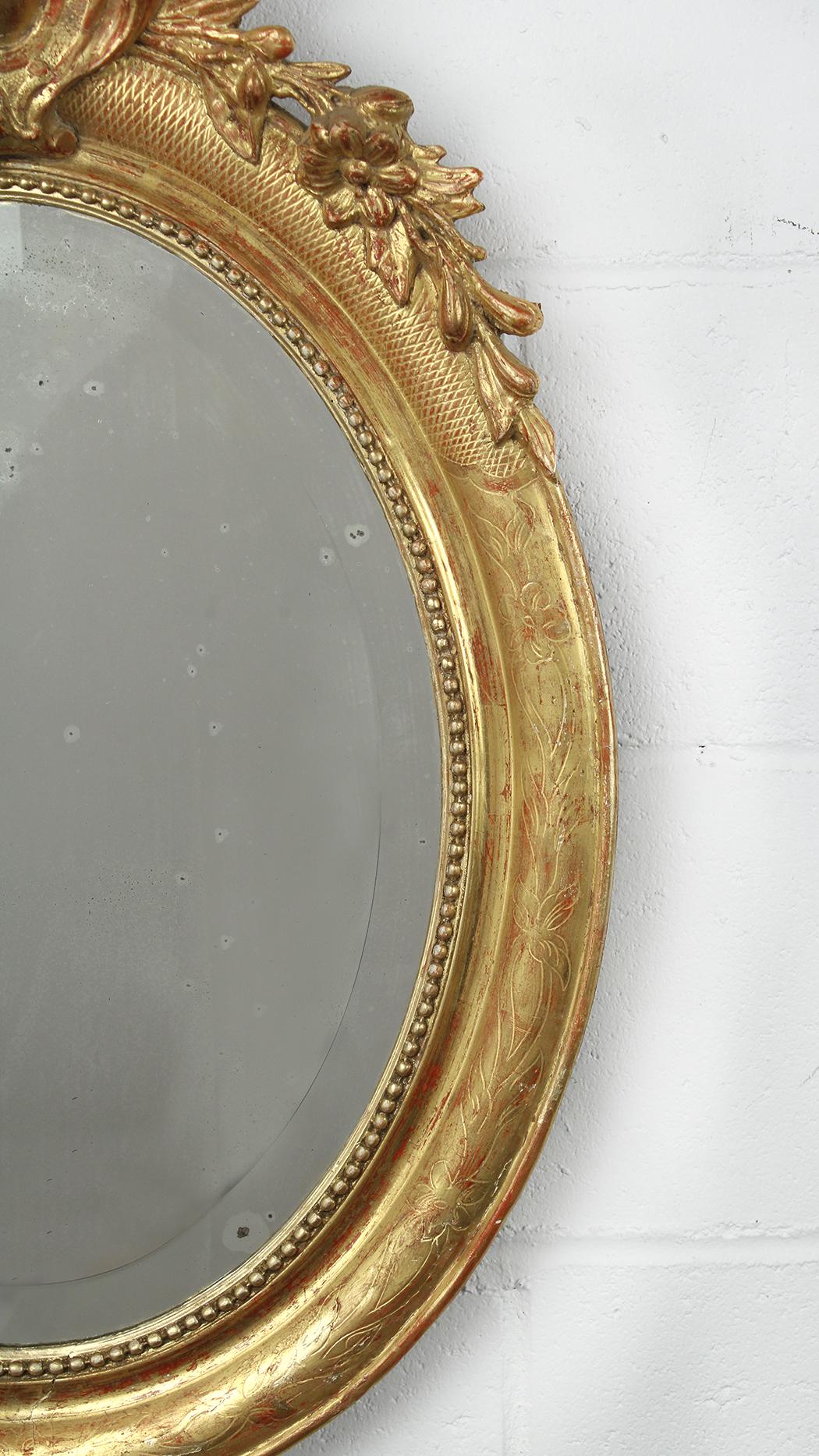 French Louis XVI Style Gilt Oval Mirror Circa 1840 In Good Condition In Los Angeles, CA