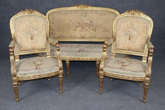 19th Century French Louis XVI Style Gilt Wood Aubusson Parlor Set