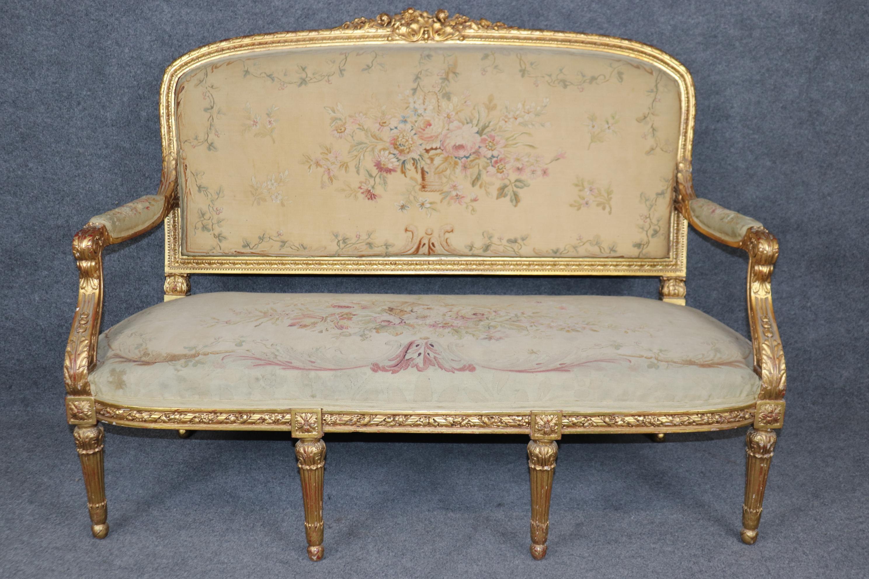 Hand-Carved 19th Century French Louis XVI Style Gilt Wood Aubusson Parlor Set For Sale