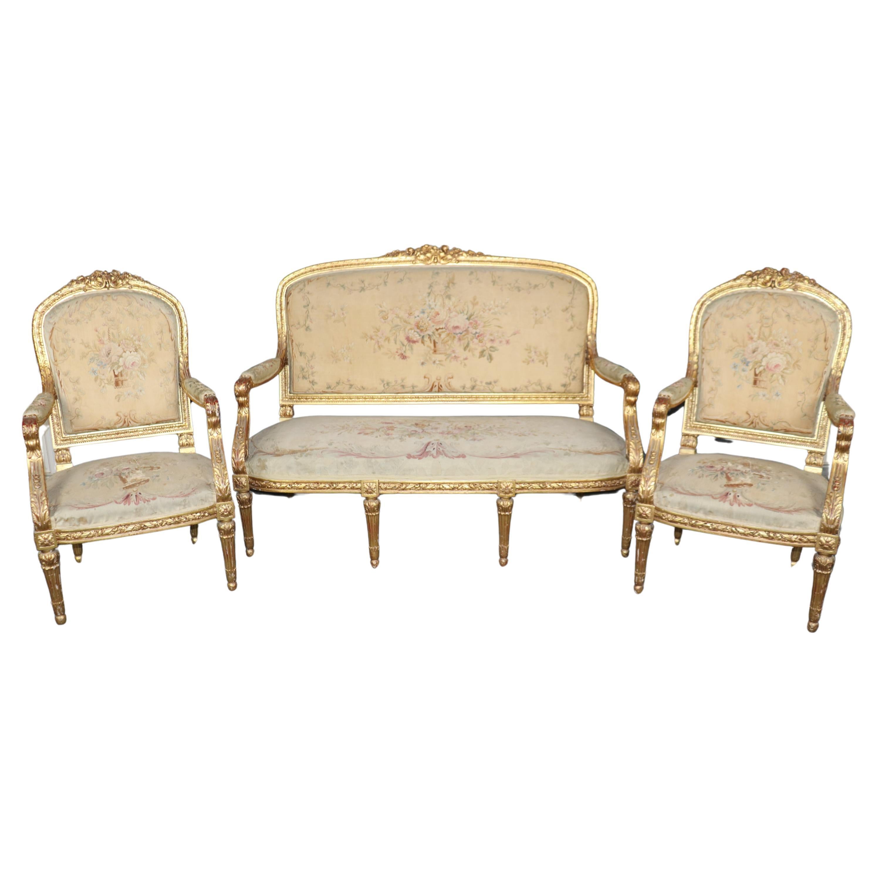 19th Century French Louis XVI Style Gilt Wood Aubusson Parlor Set