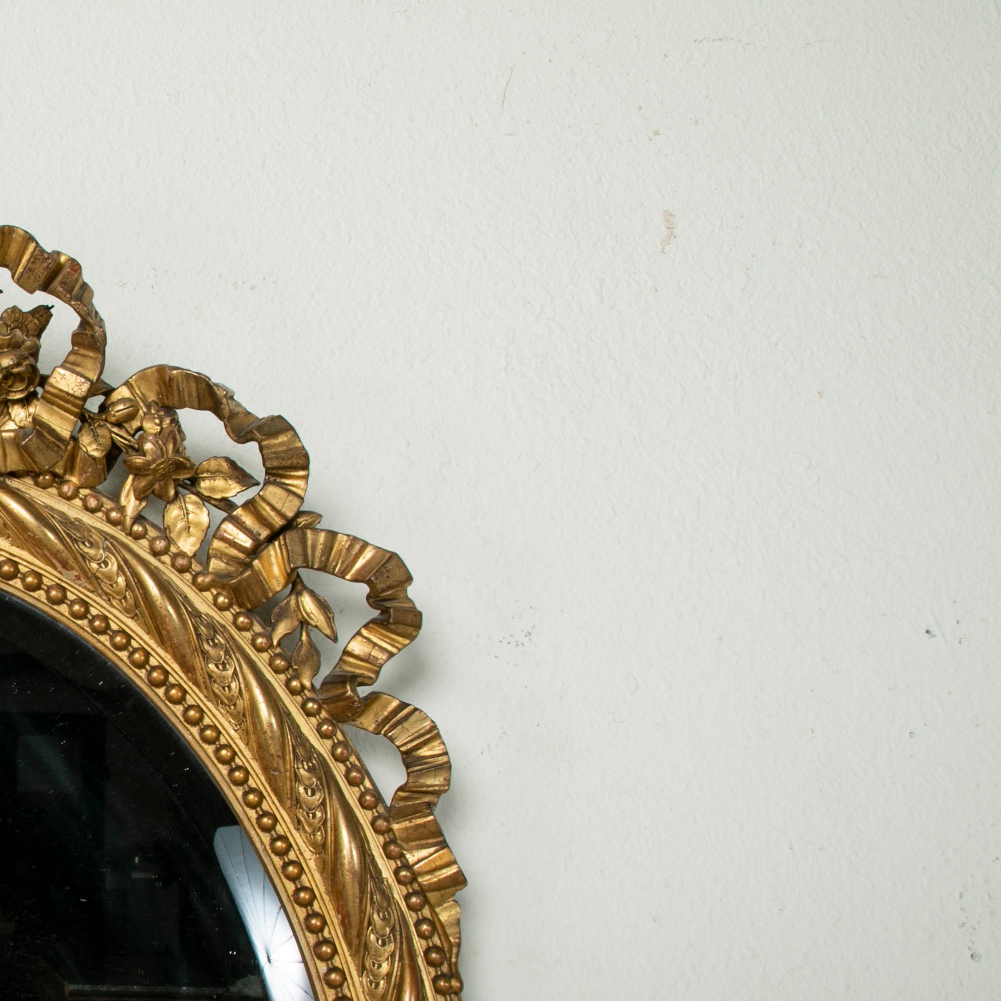 19th Century French Louis XVI Style Gilt Wood Oval Mirror with Knotted Ribbon 3