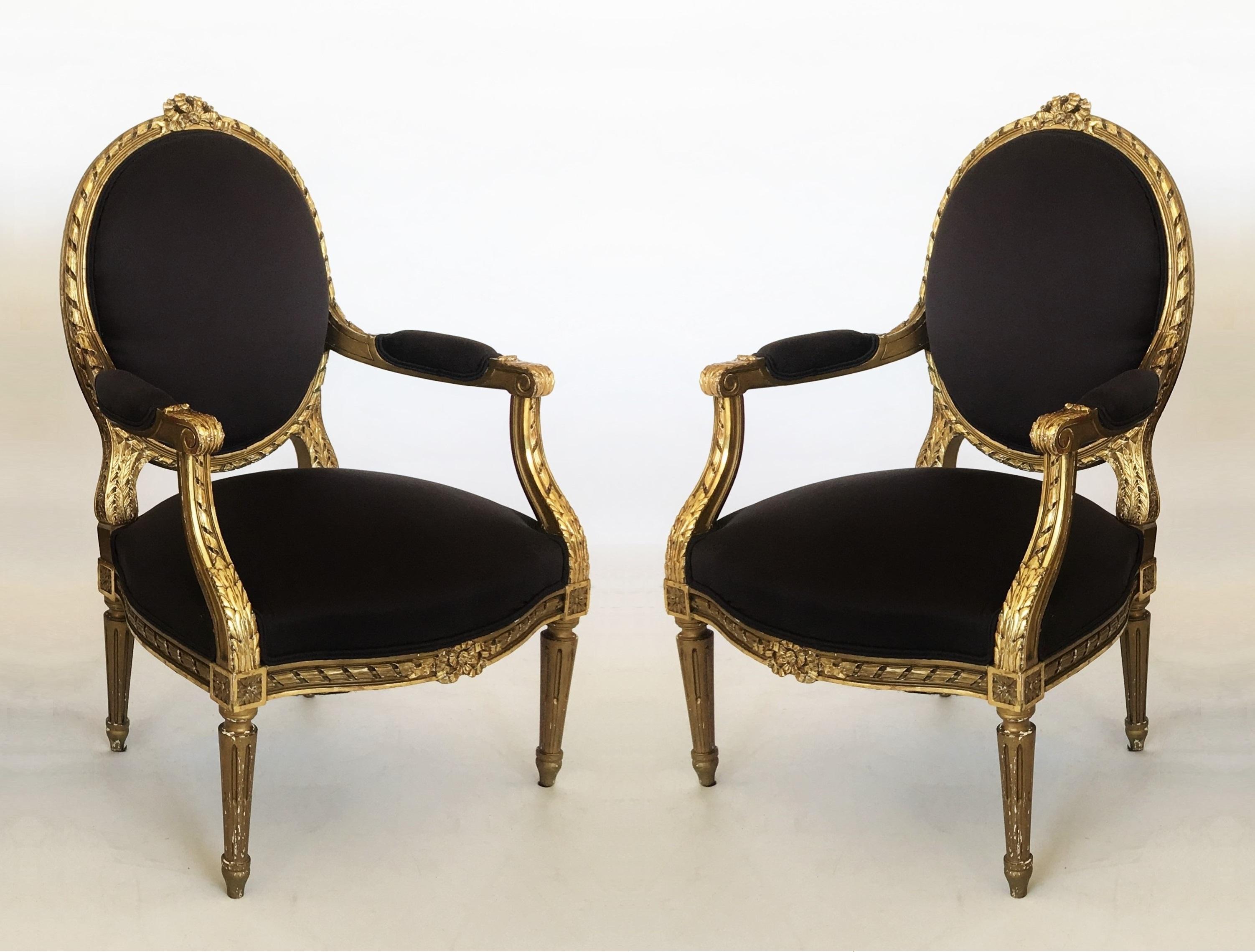 Upholstery 19th Century French Louis XVI Style Giltwood Fauteuils, Pair For Sale