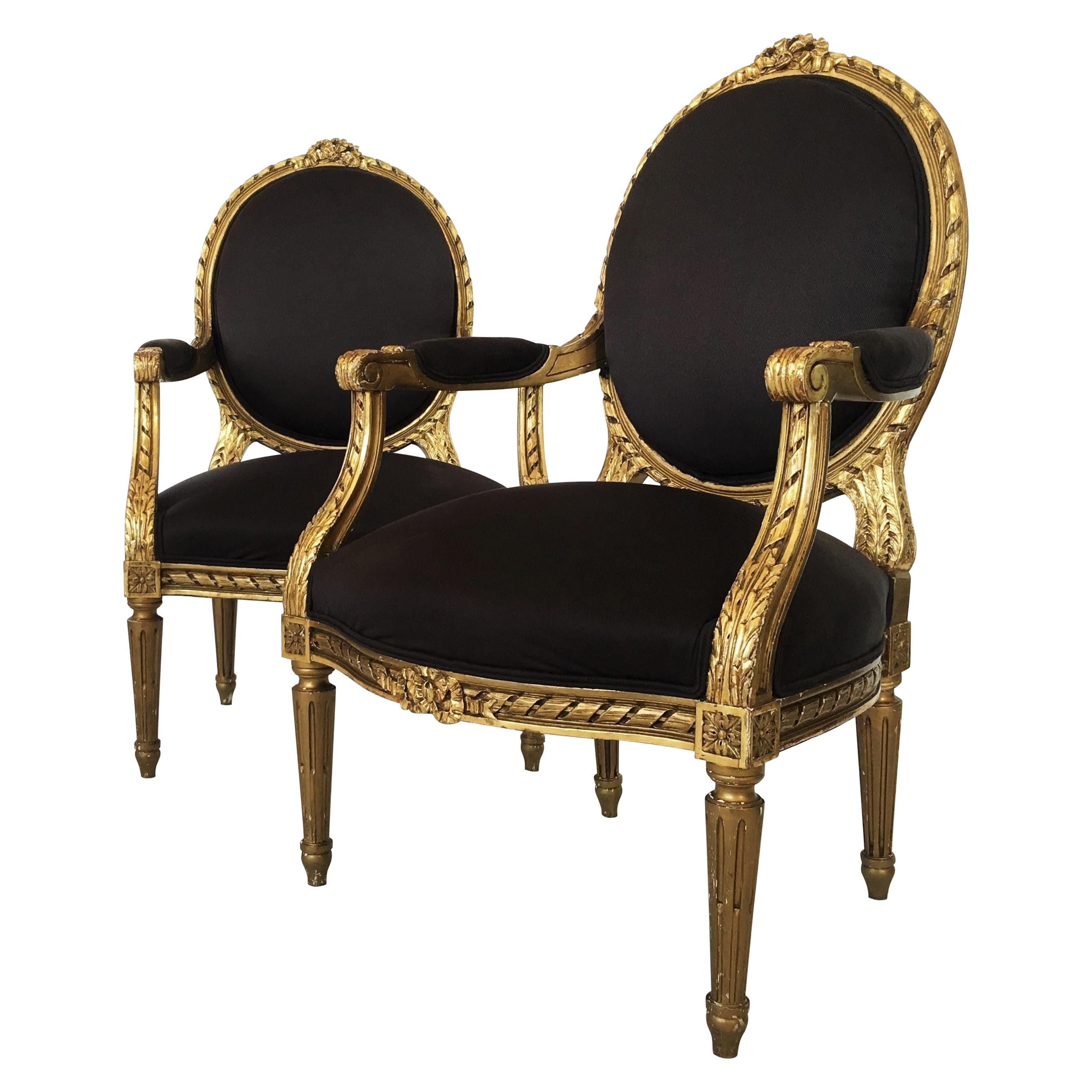 19th Century French Louis XVI Style Giltwood Fauteuils, Pair