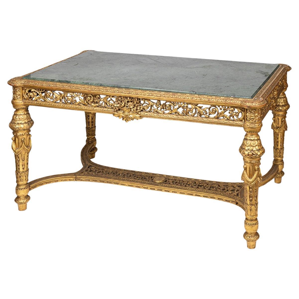 19th Century French Louis XVI Style Giltwood & Green Alp Marble Table c.1870 For Sale