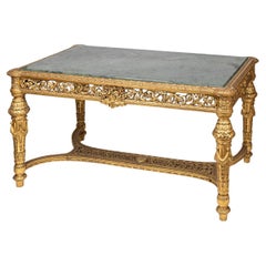 Mesa francesa del siglo XIX estilo Luis XVI de madera dorada y mármol verde de Alp c.1870