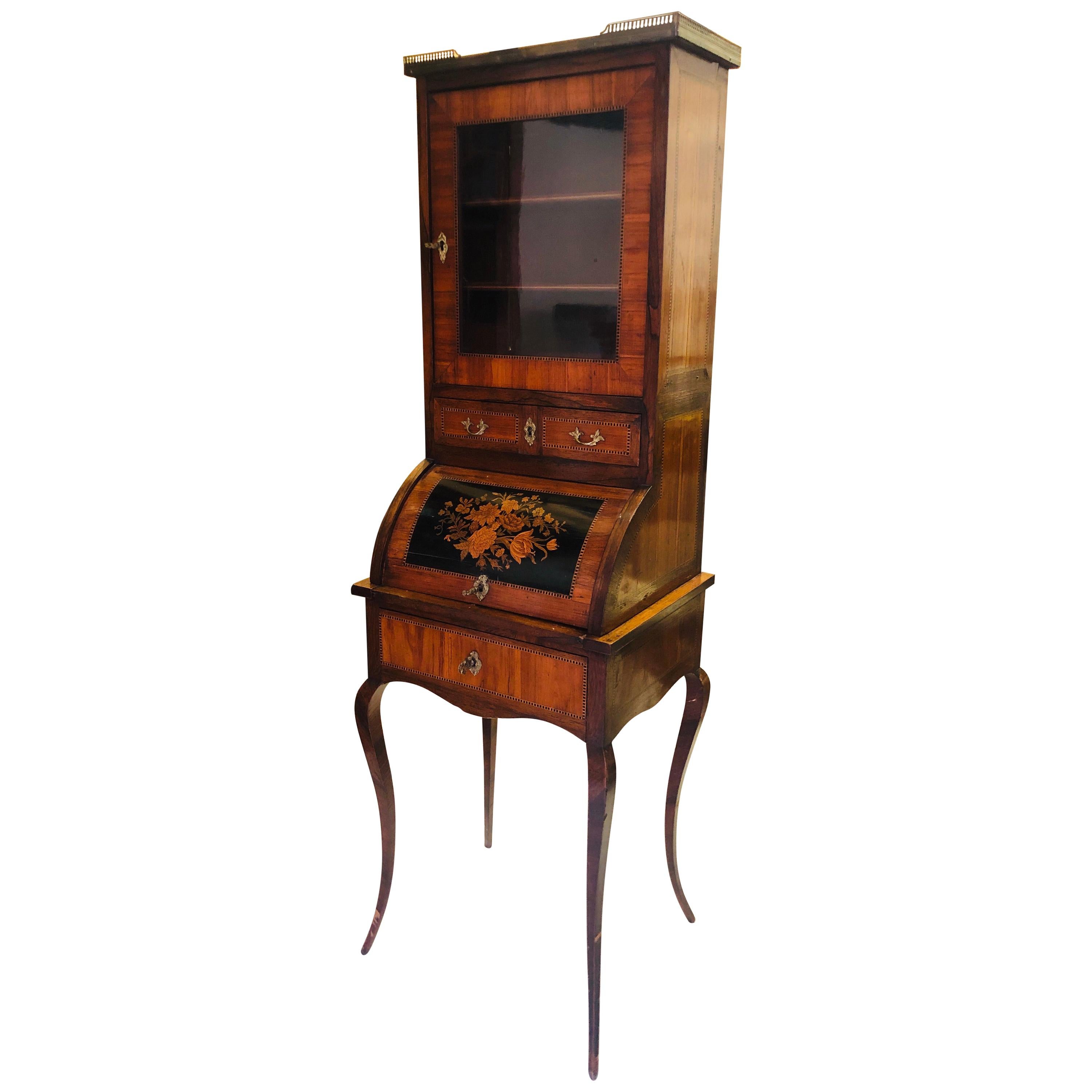 19th Century French Louis XVI Style Mahogany Inlaid Ladies Desk with Vitrine