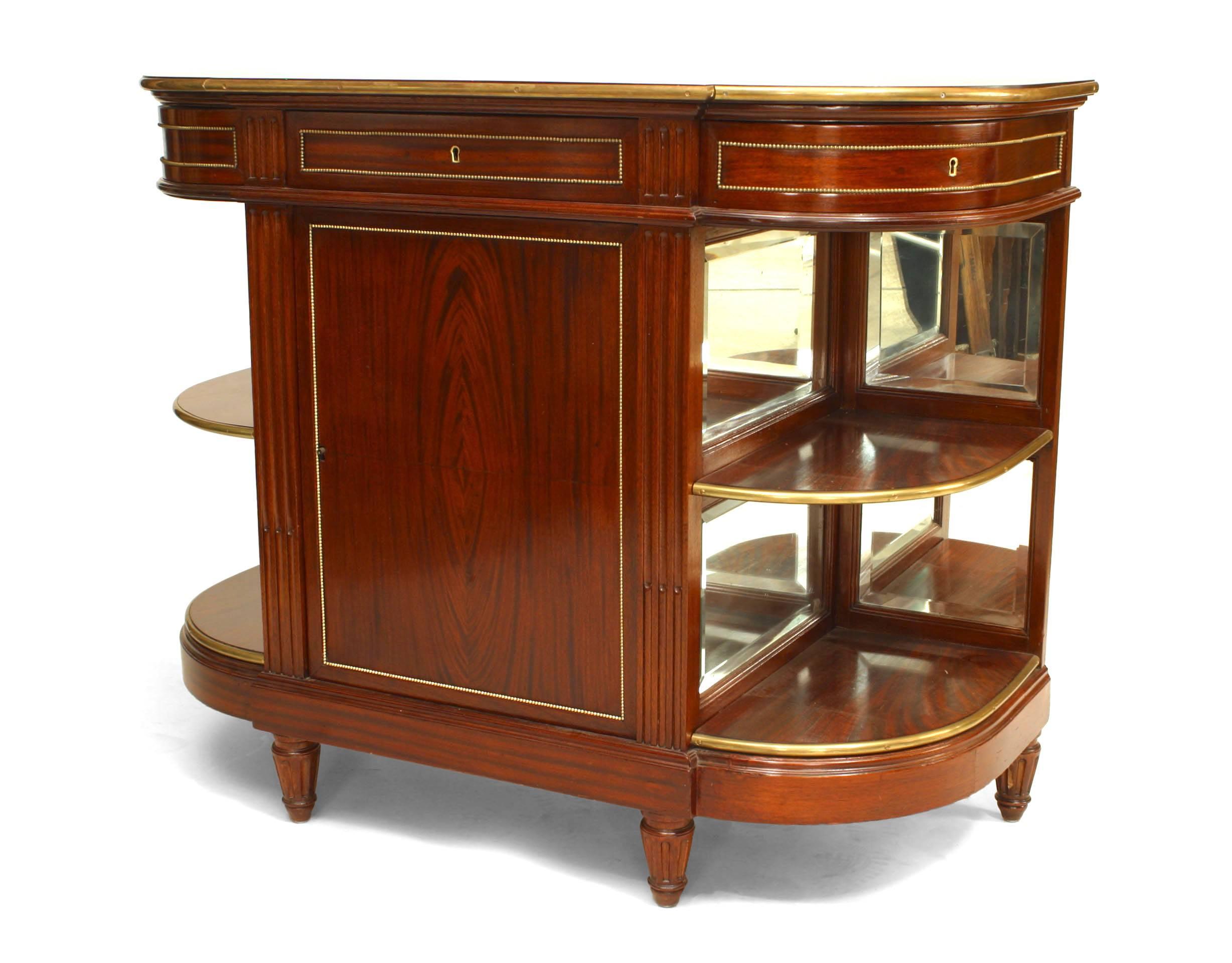 French Louis XVI-style (19th Century) mahogany server cabinet with brass trim and side shelves with a mirror back and a single front door and drawer.
