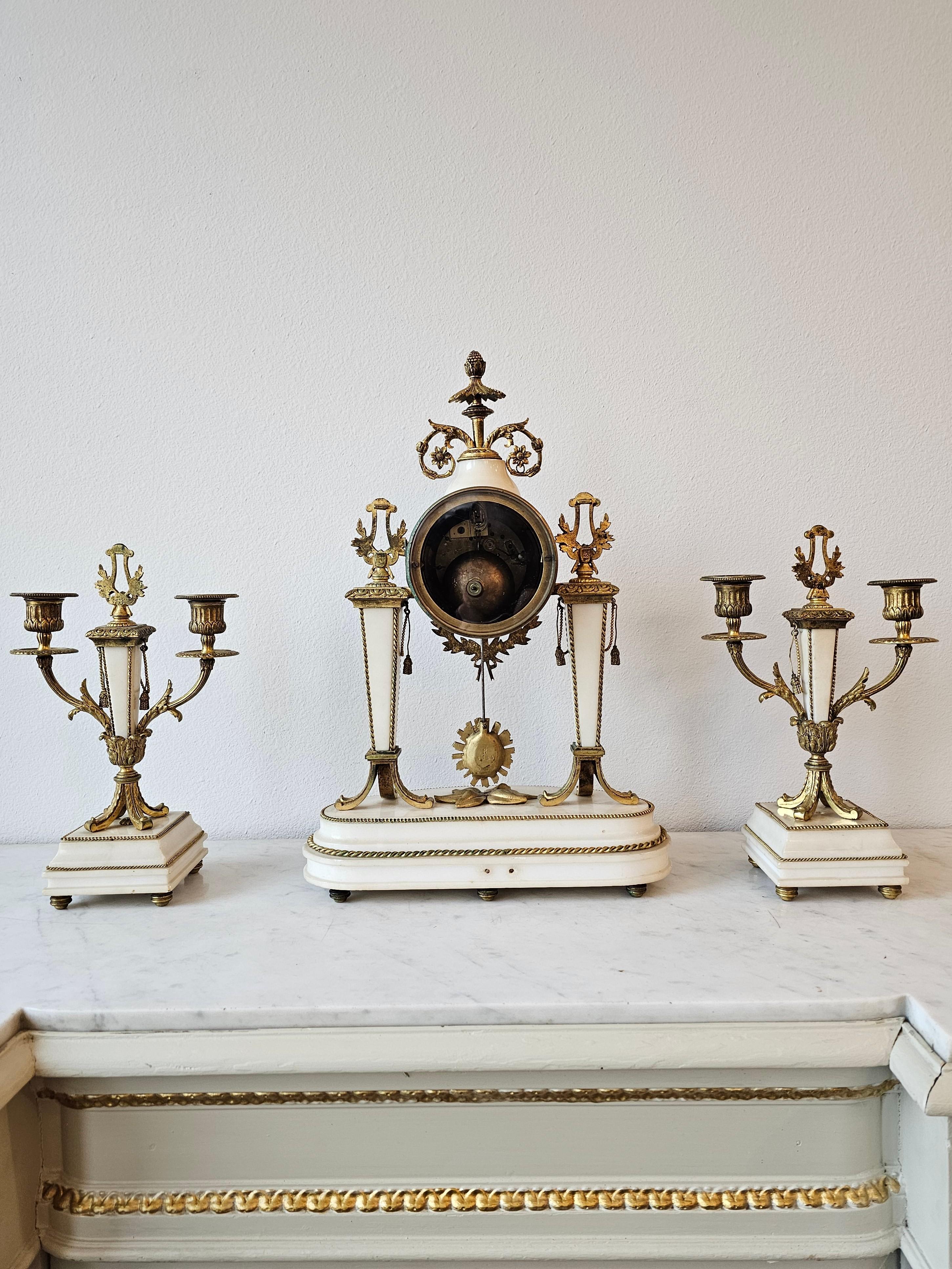 19th Century French Louis XVI Style Mantle Clock Garniture Set For Sale 11