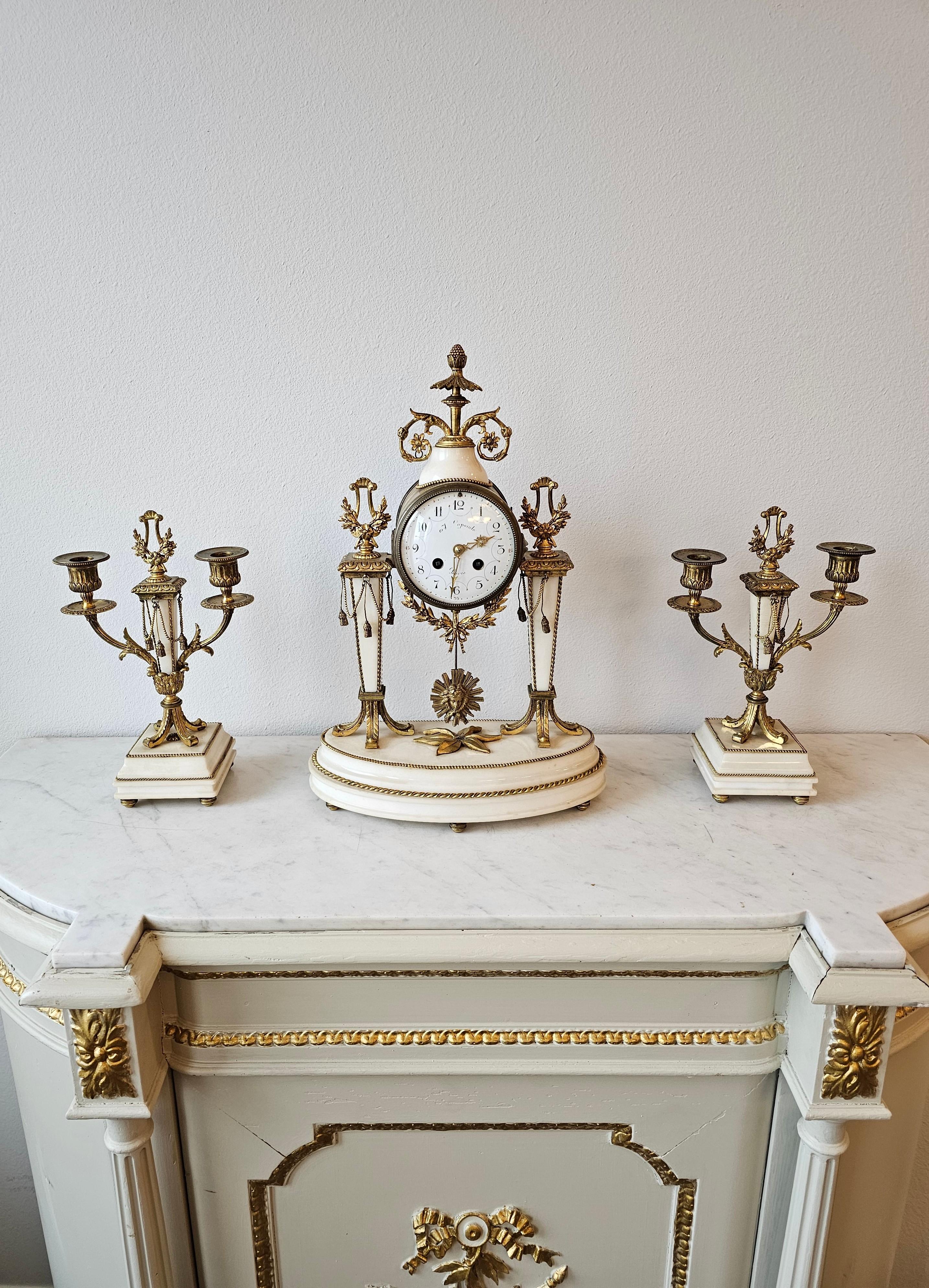 19th Century French Louis XVI Style Mantle Clock Garniture Set For Sale 15