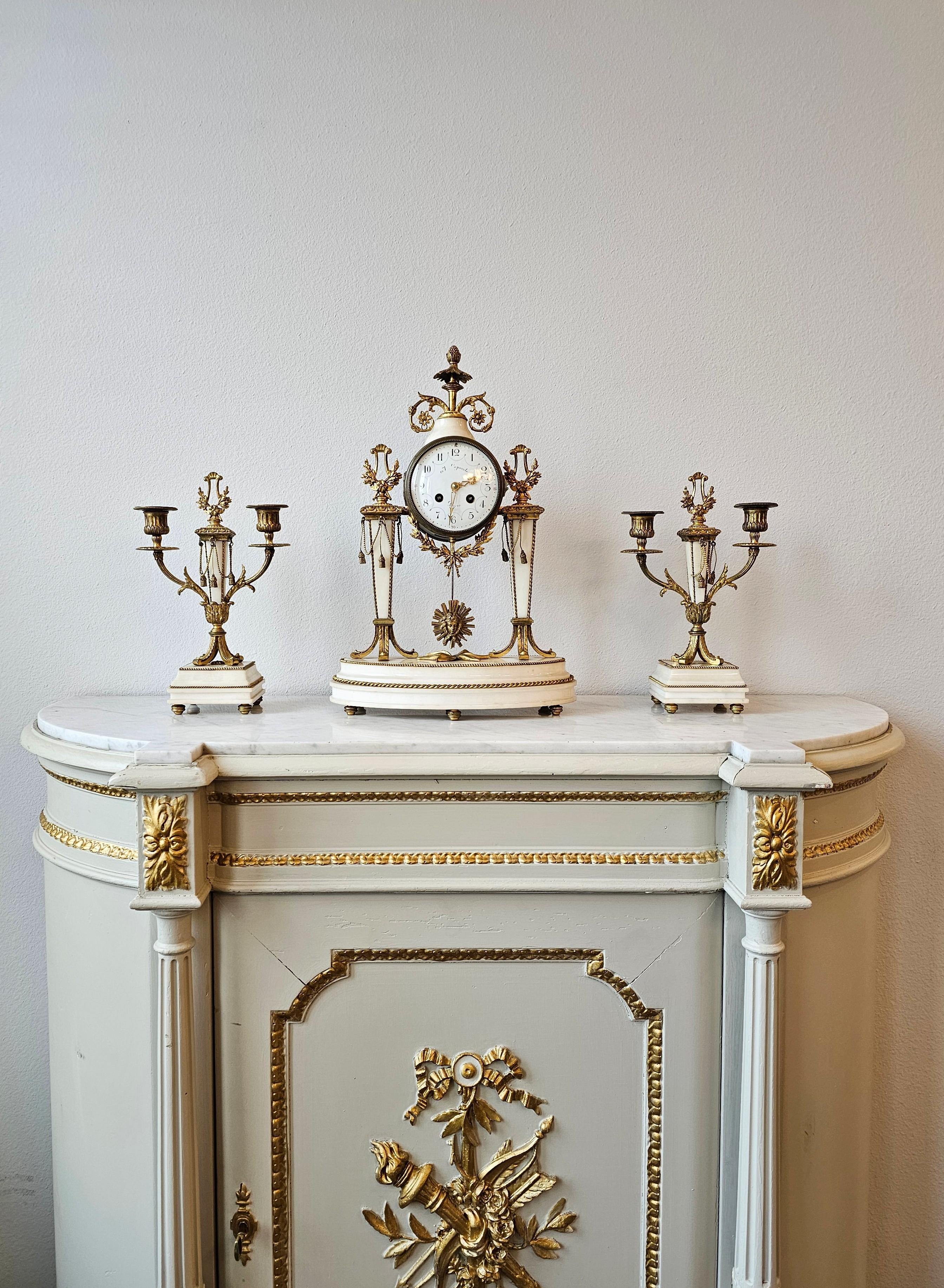 19th Century French Louis XVI Style Mantle Clock Garniture Set In Good Condition For Sale In Forney, TX