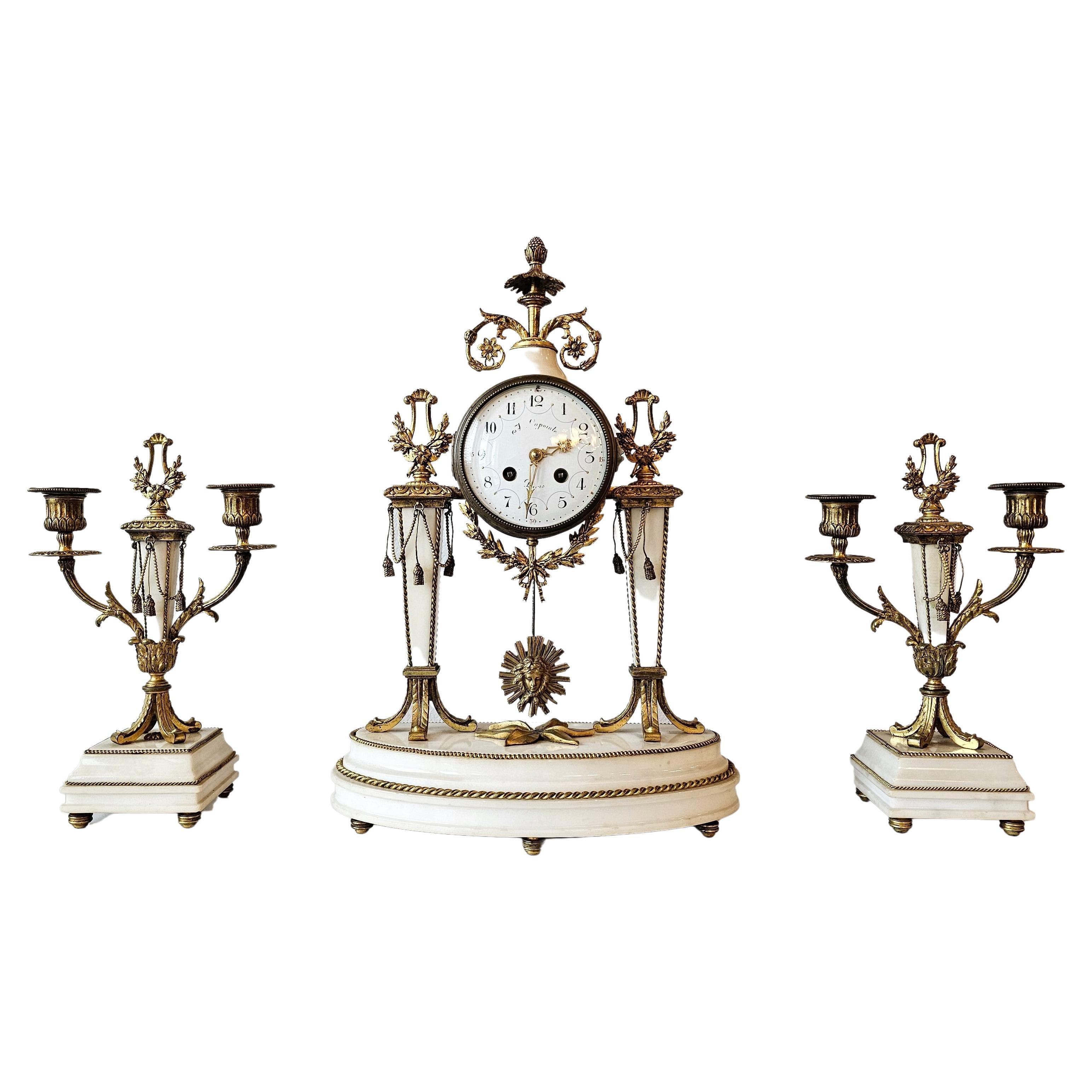 19th Century French Louis XVI Style Mantle Clock Garniture Set For Sale