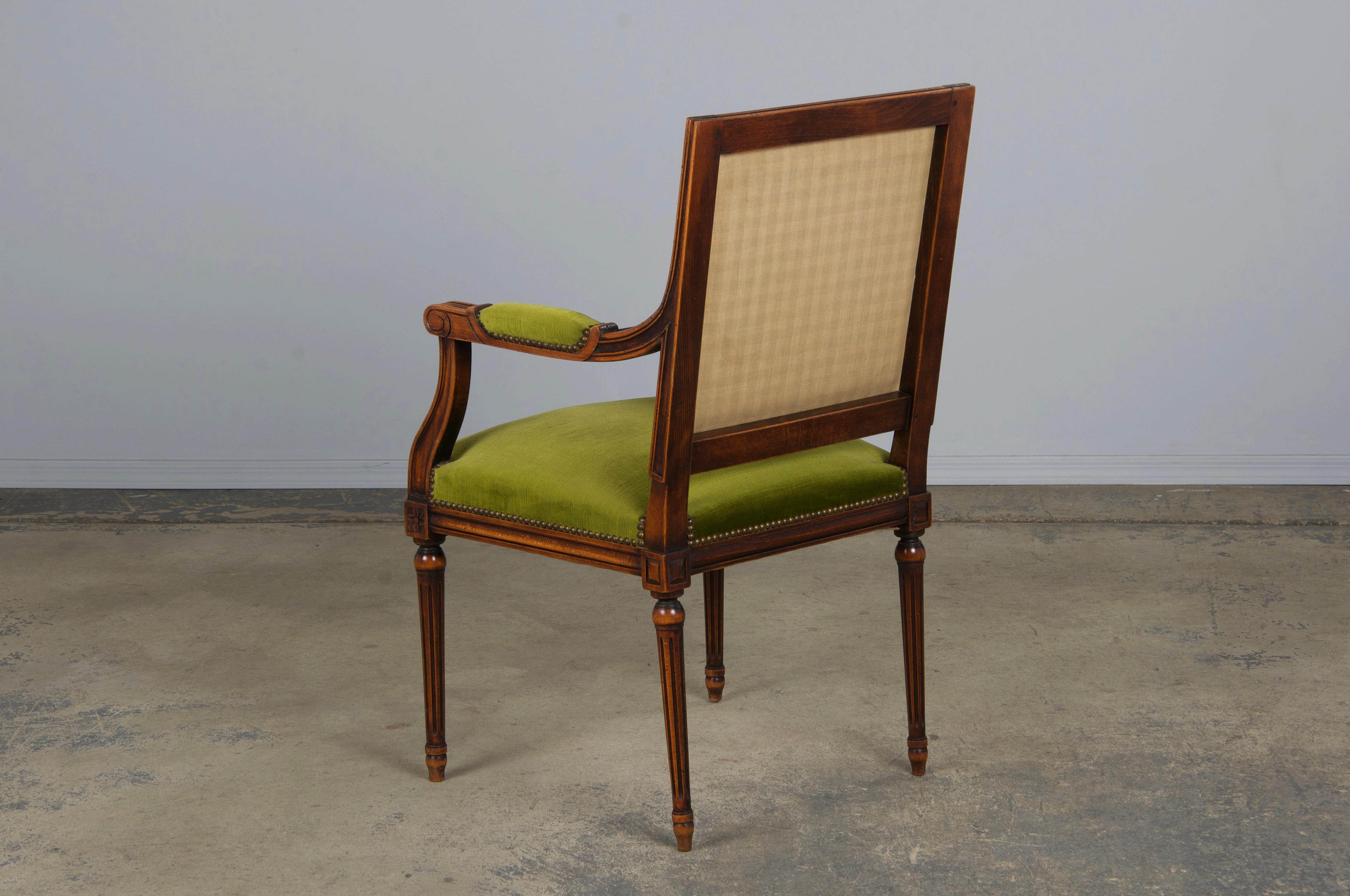 19th Century French Louis XVI Style Maple Armchairs in Green Velvet - A Pair For Sale 6