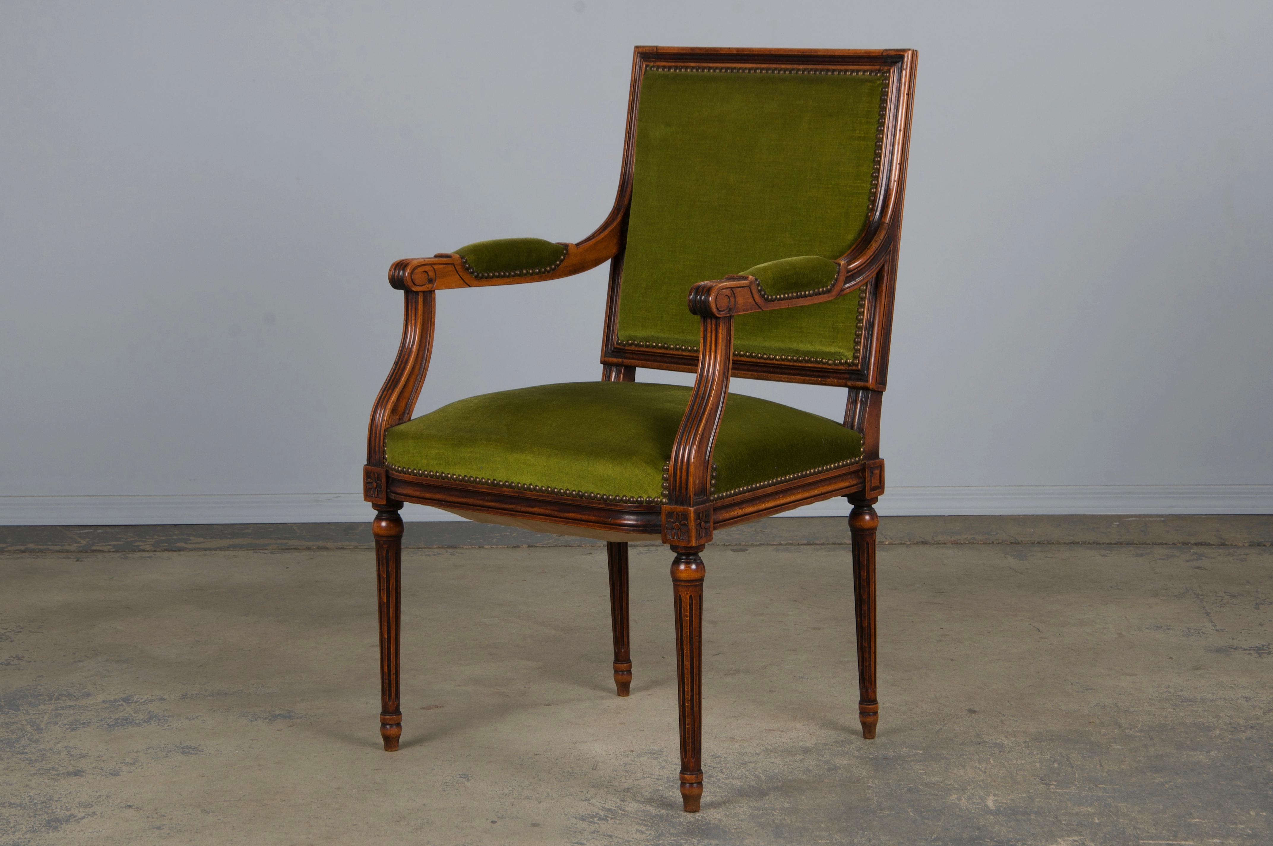 19th Century French Louis XVI Style Maple Armchairs in Green Velvet - A Pair For Sale 11