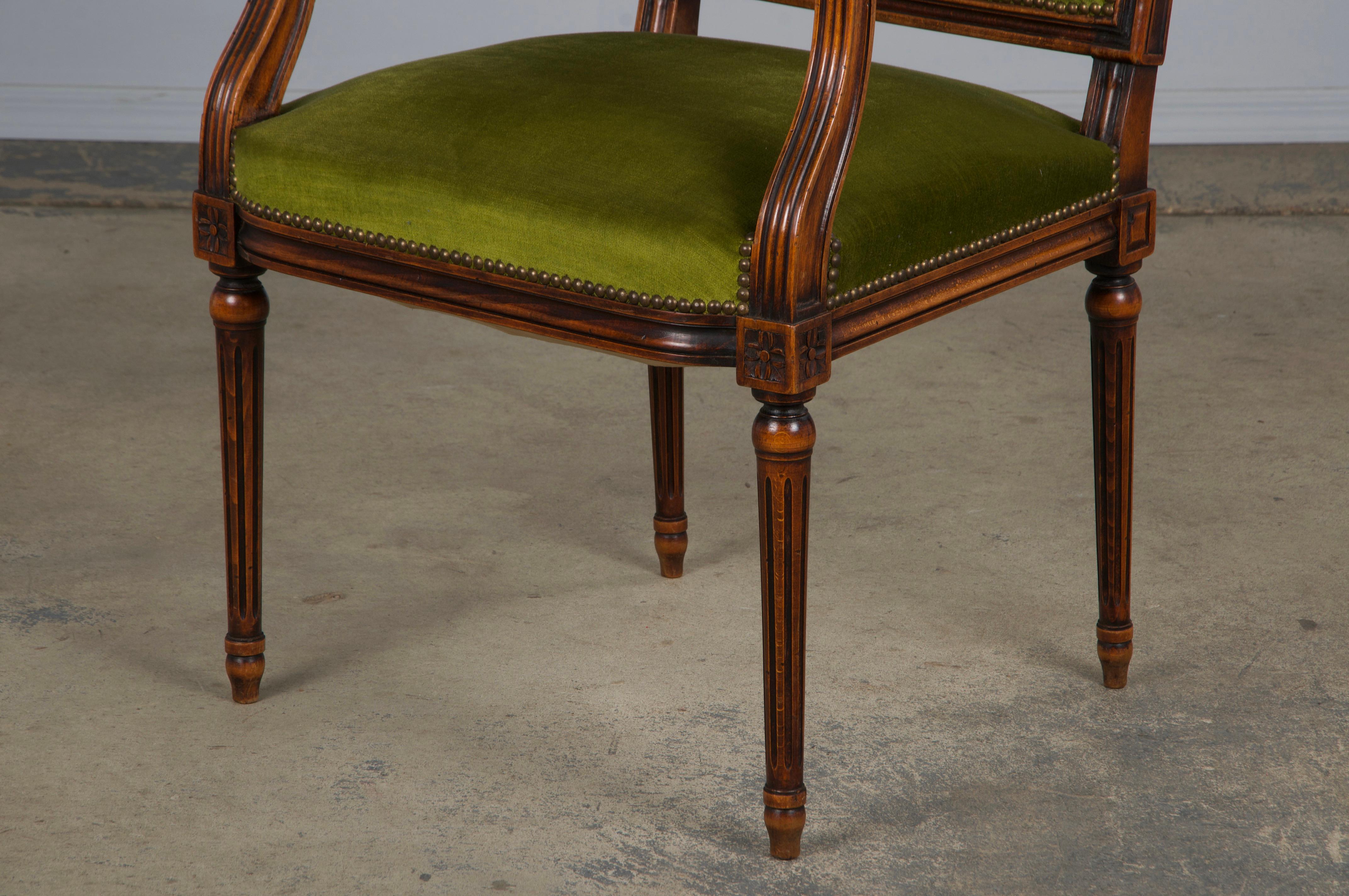 19th Century French Louis XVI Style Maple Armchairs in Green Velvet - A Pair For Sale 12