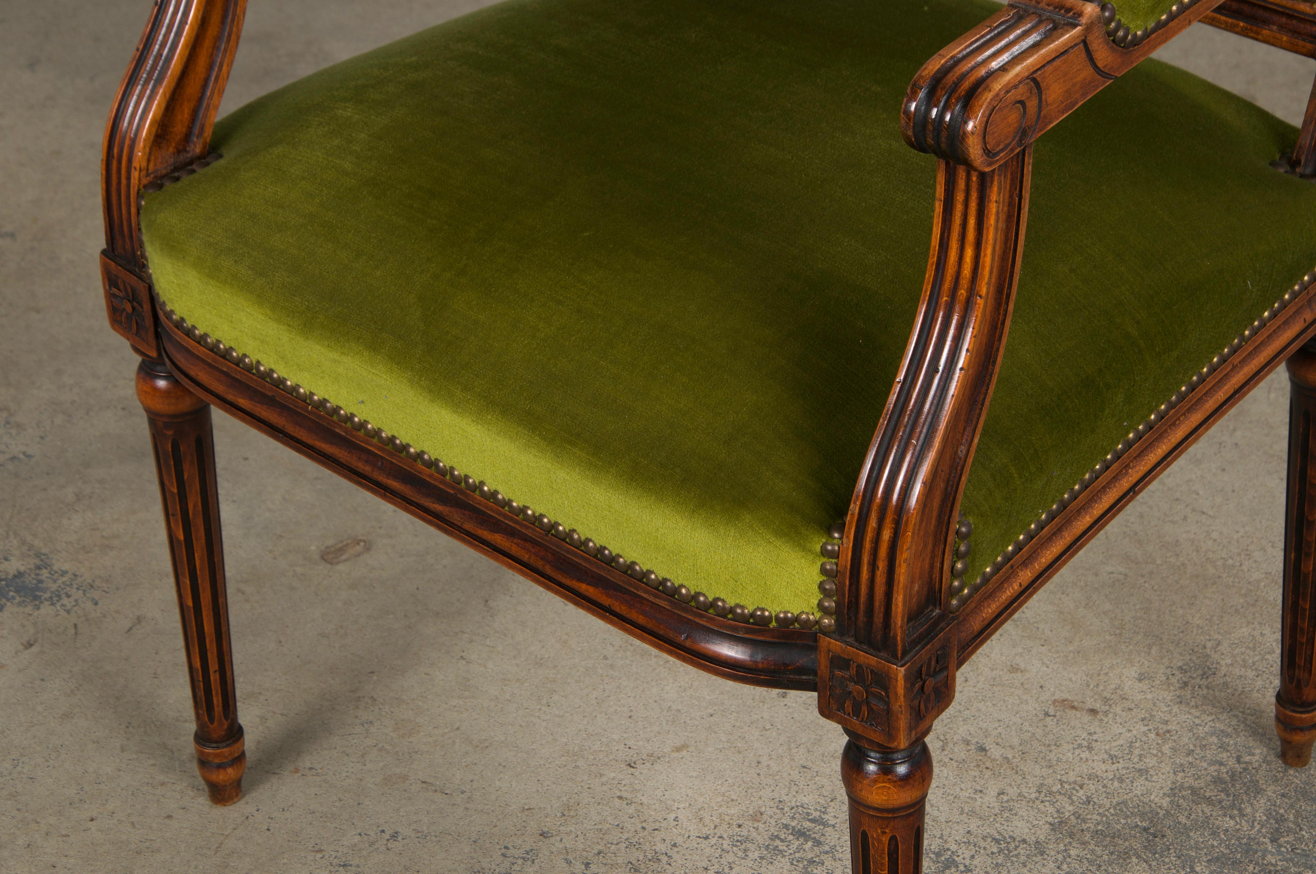 19th Century French Louis XVI Style Maple Armchairs in Green Velvet - A Pair For Sale 13
