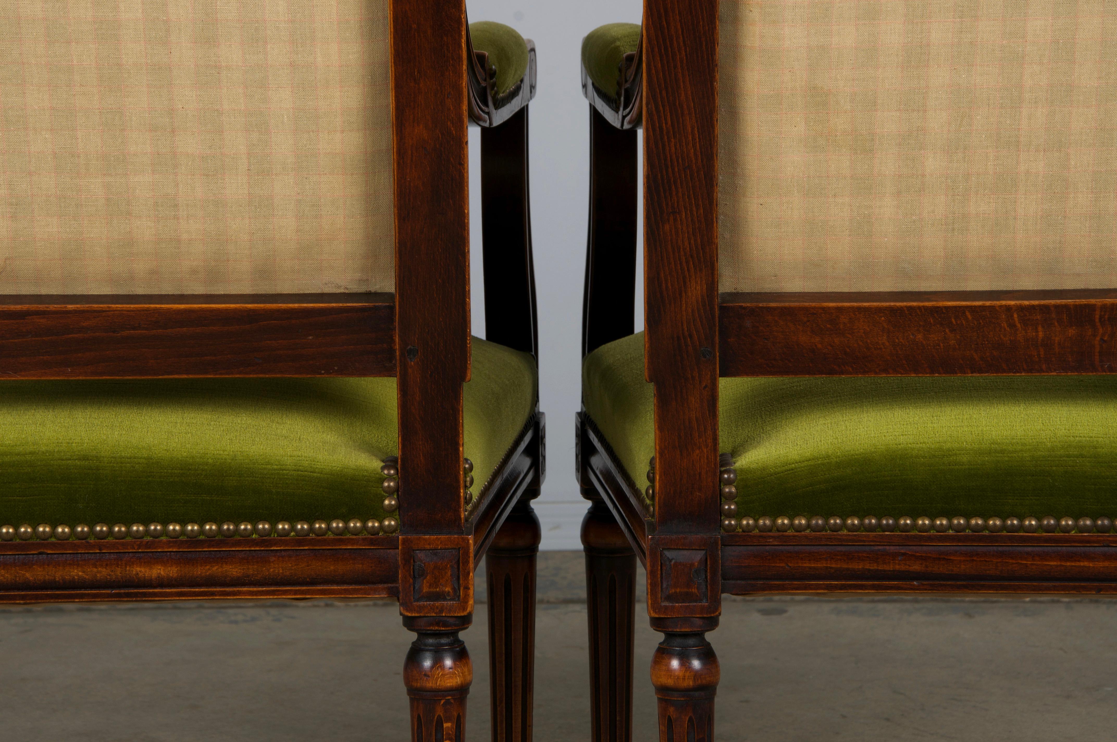 19th Century French Louis XVI Style Maple Armchairs in Green Velvet - A Pair For Sale 15